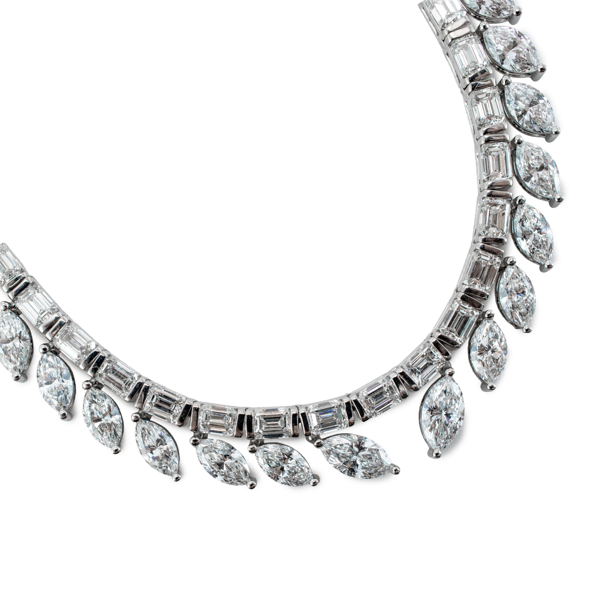 18K White Gold 23.68ct Baguette Marquee Diamond Tennis Graduated Necklace