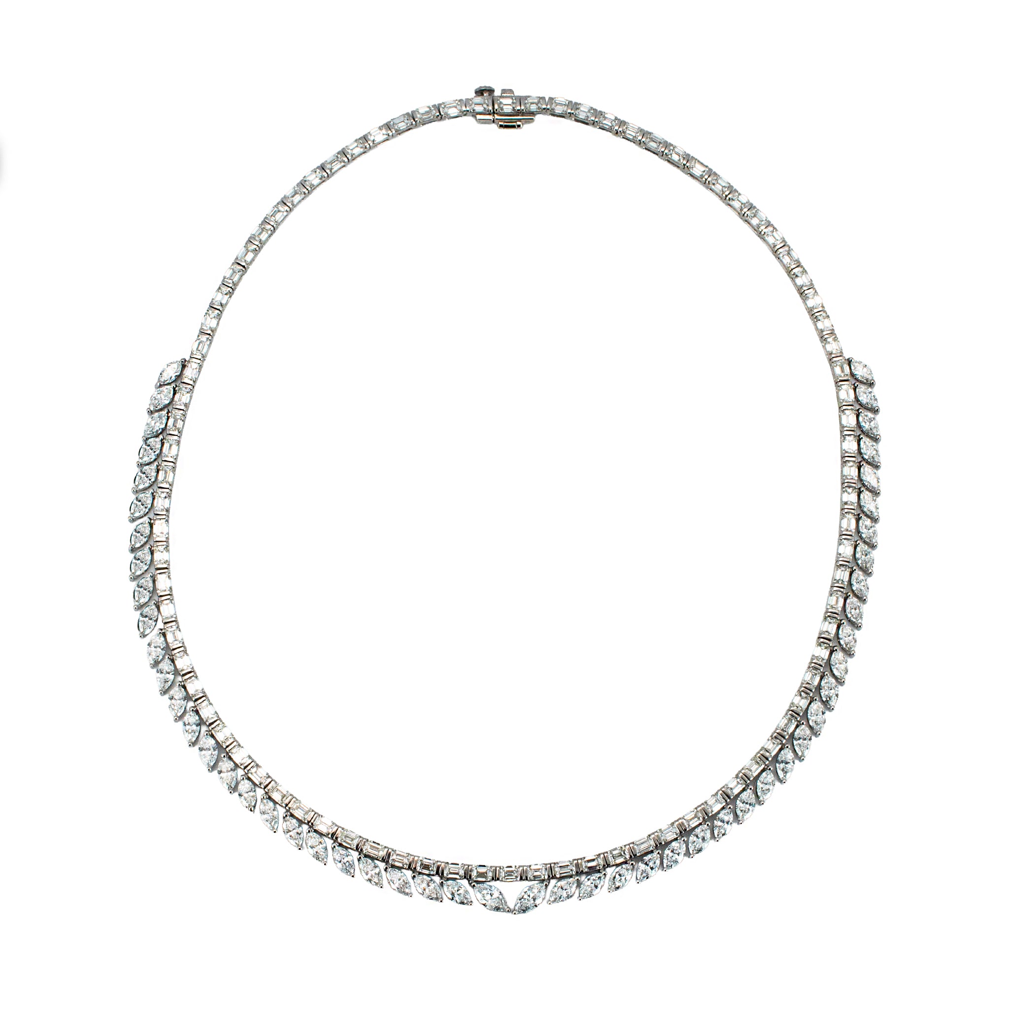 18K White Gold 23.68ct Baguette Marquee Diamond Tennis Graduated Necklace