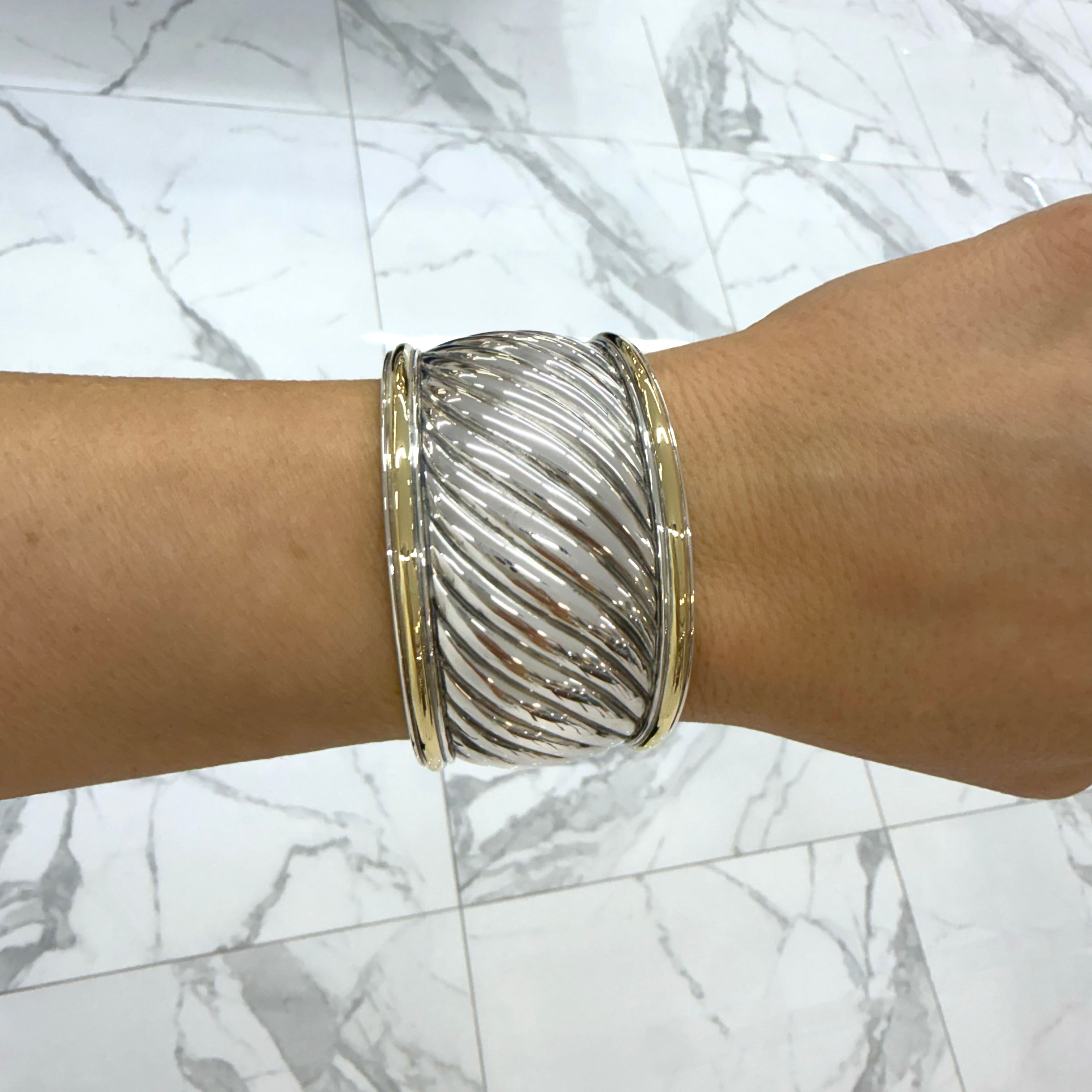 David Yurman 18K Yellow Gold Silver Two-Tone Sculpted Cable Cuff Bangle Bracelet