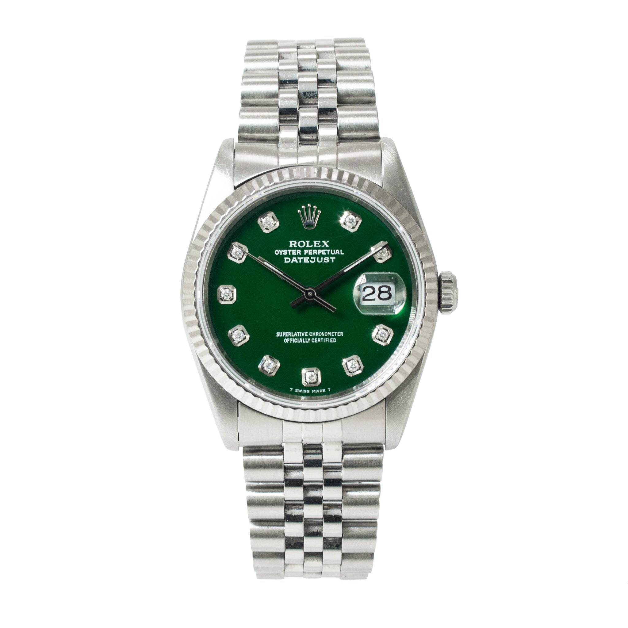 Rolex Datejust 36MM 16234 Green Diamond Dial Jubilee Fluted Steel Watch