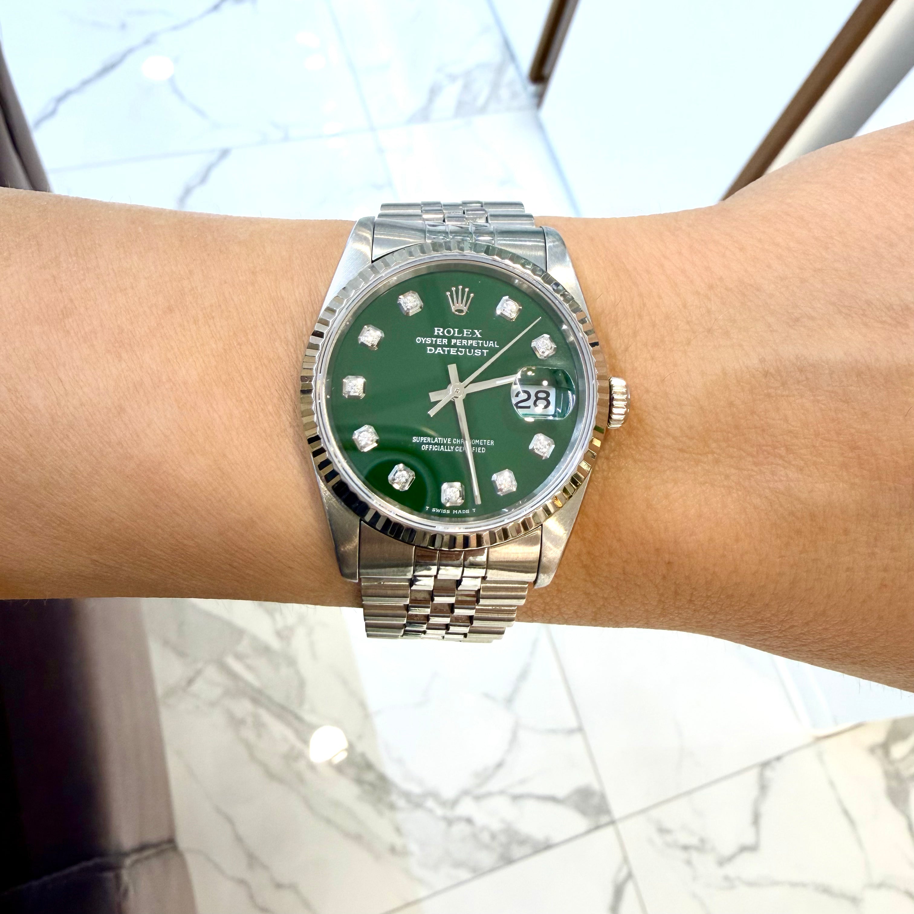 Rolex Datejust 36MM 16234 Green Diamond Dial Jubilee Fluted Steel Watch