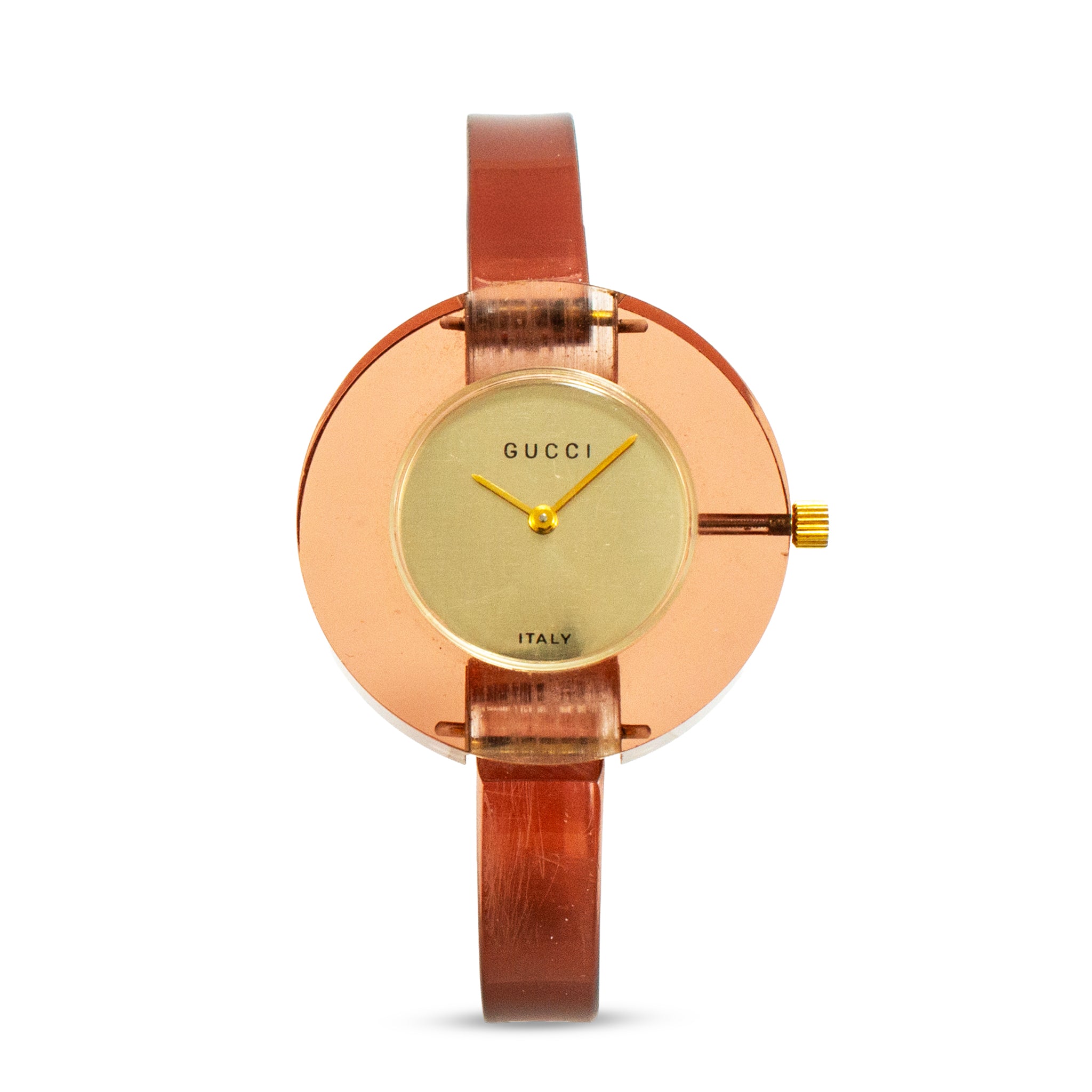 Ladies Vintage Pink Gucci Lucite 35MM Bangle Manual Wind Watch