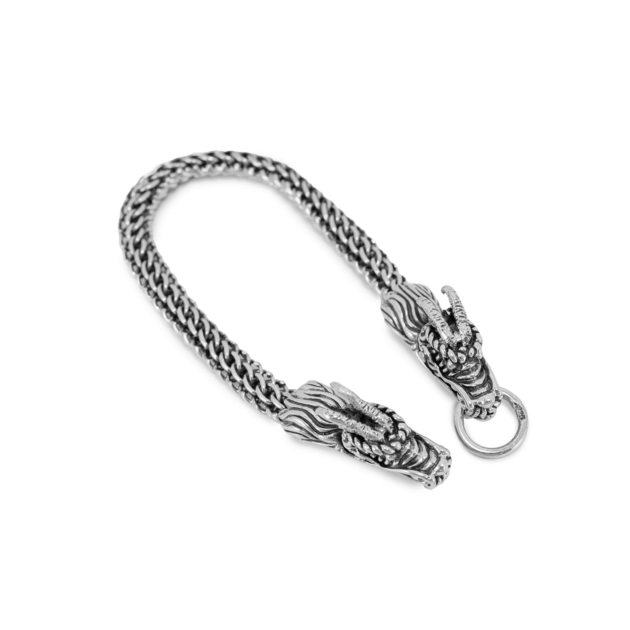 Men’s Vintage Double Dragon Head 925 Sterling Silver Wheat Link Bracelet