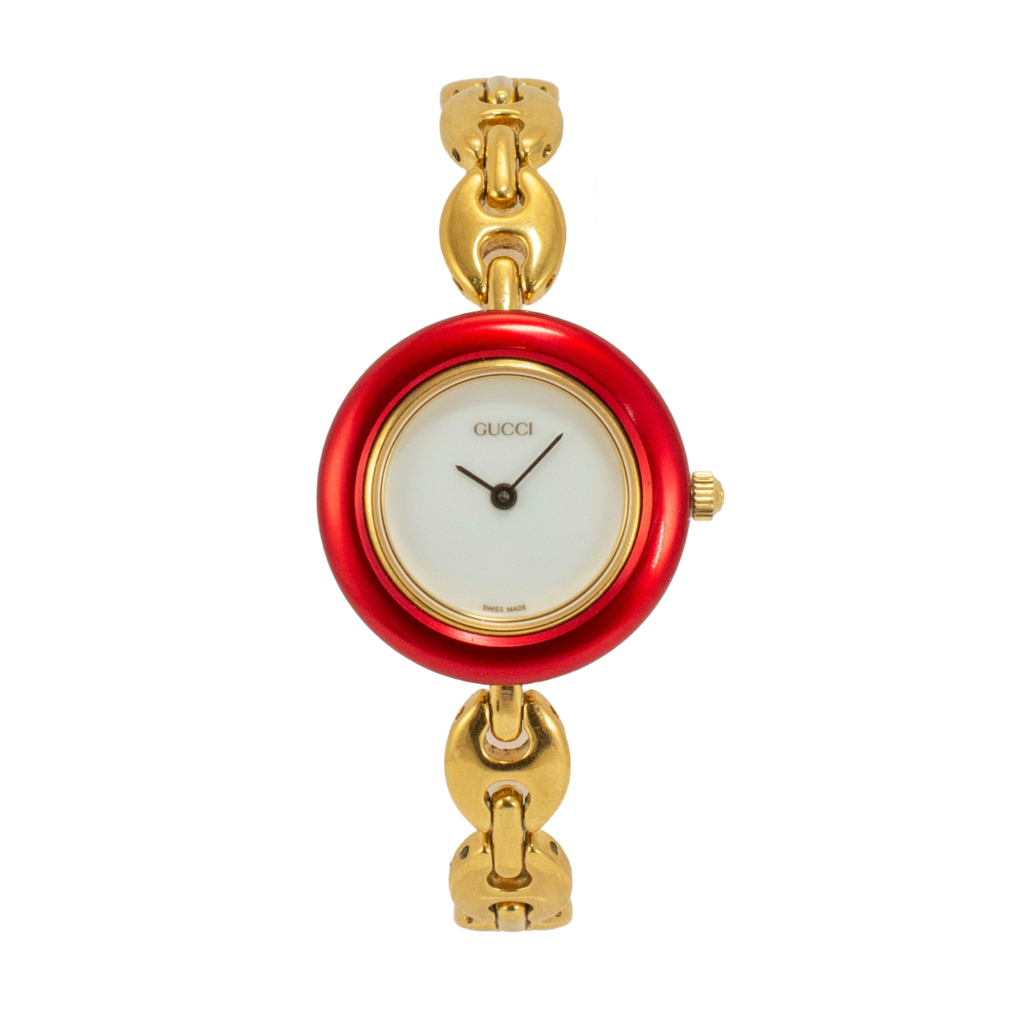 Ladies Gucci Cherry Red Bezel 26MM 11/12.2 Gold-Plated Gucci Puff Quartz Watch