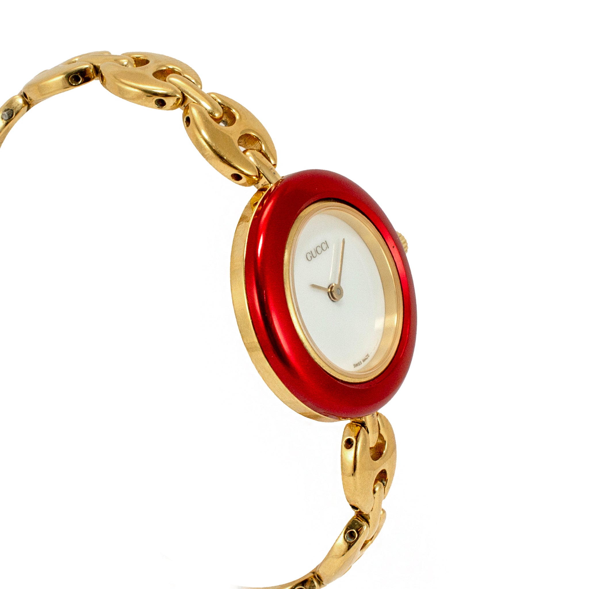 Ladies Gucci Cherry Red Bezel 26MM 11/12.2 Gold-Plated Gucci Puff Quartz Watch