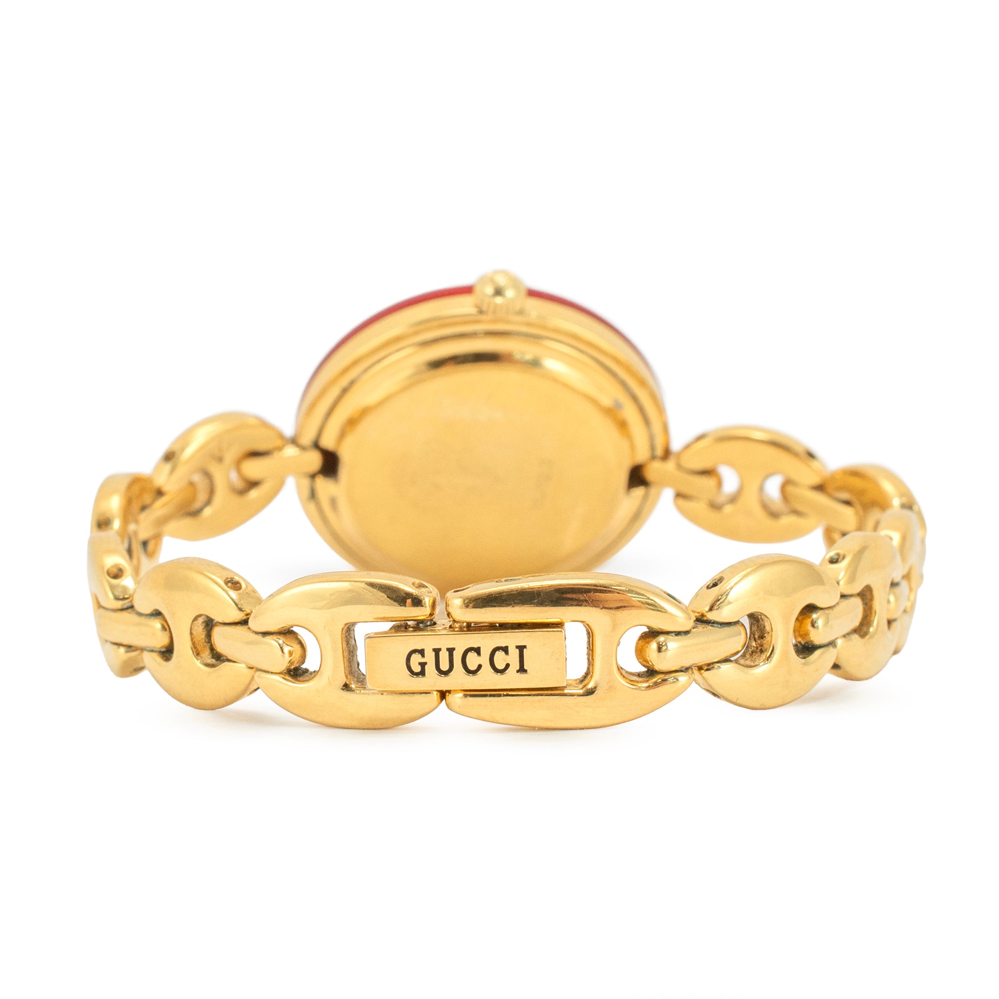 Ladies Gucci Cherry Red Bezel 26MM 11/12.2 Gold-Plated Gucci Puff Quartz Watch