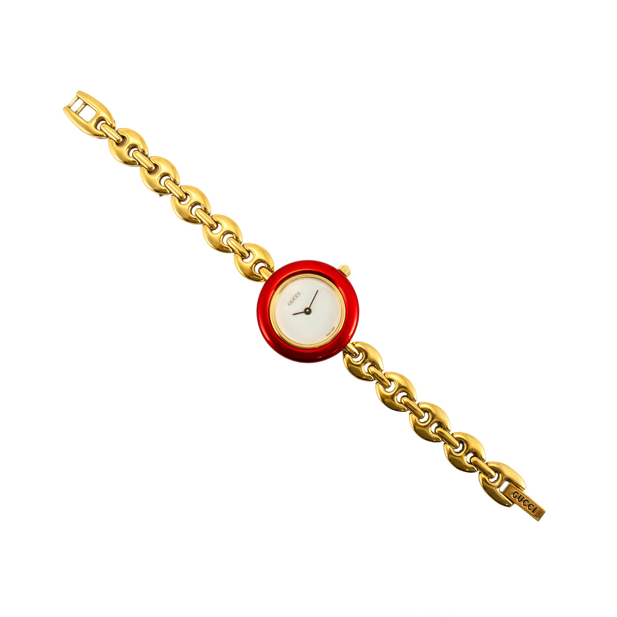 Ladies Gucci Cherry Red Bezel 26MM 11/12.2 Gold-Plated Gucci Puff Quartz Watch