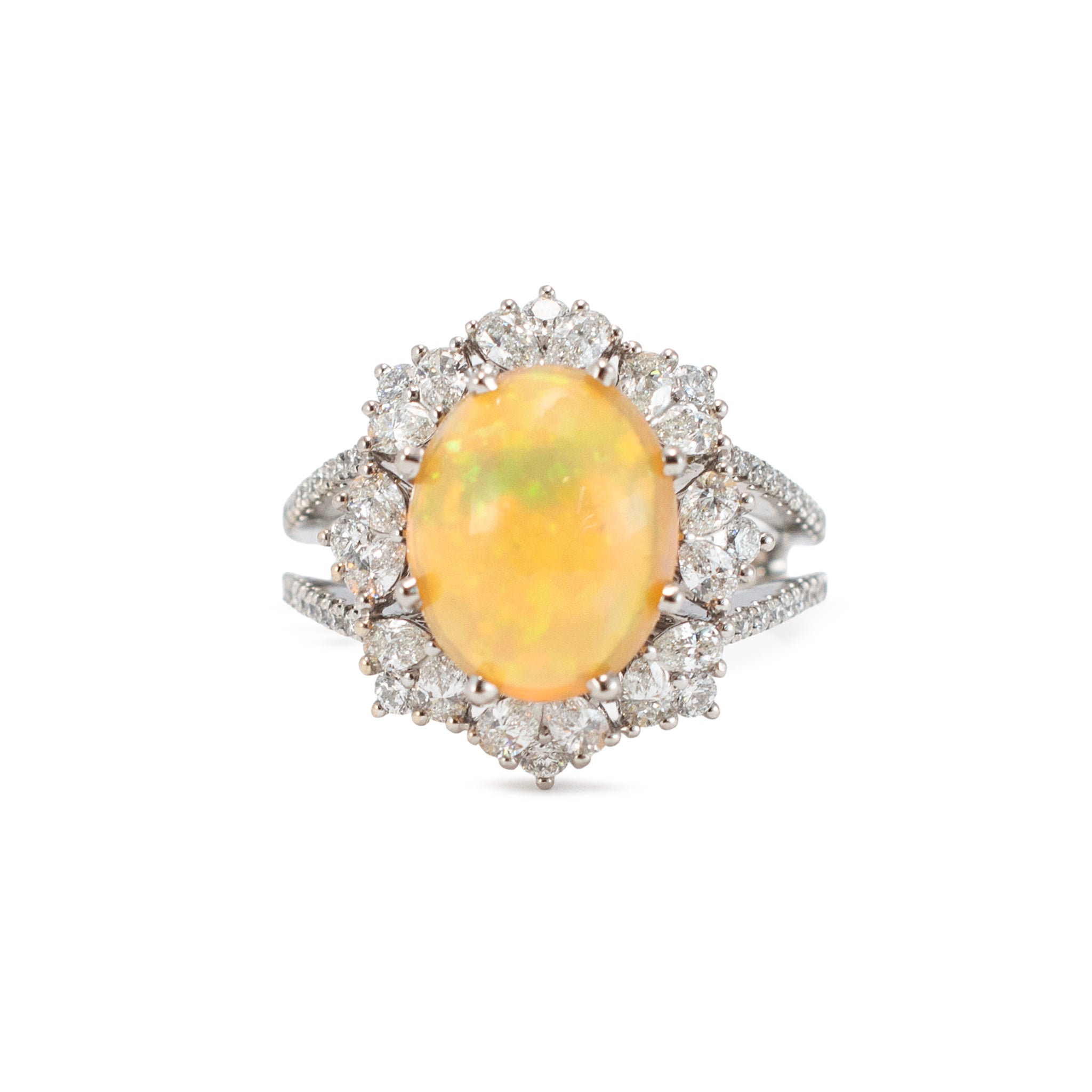 18K White Gold 4.18ct Fire Opal Halo Pear Shape & Round Diamond Cocktail Ring