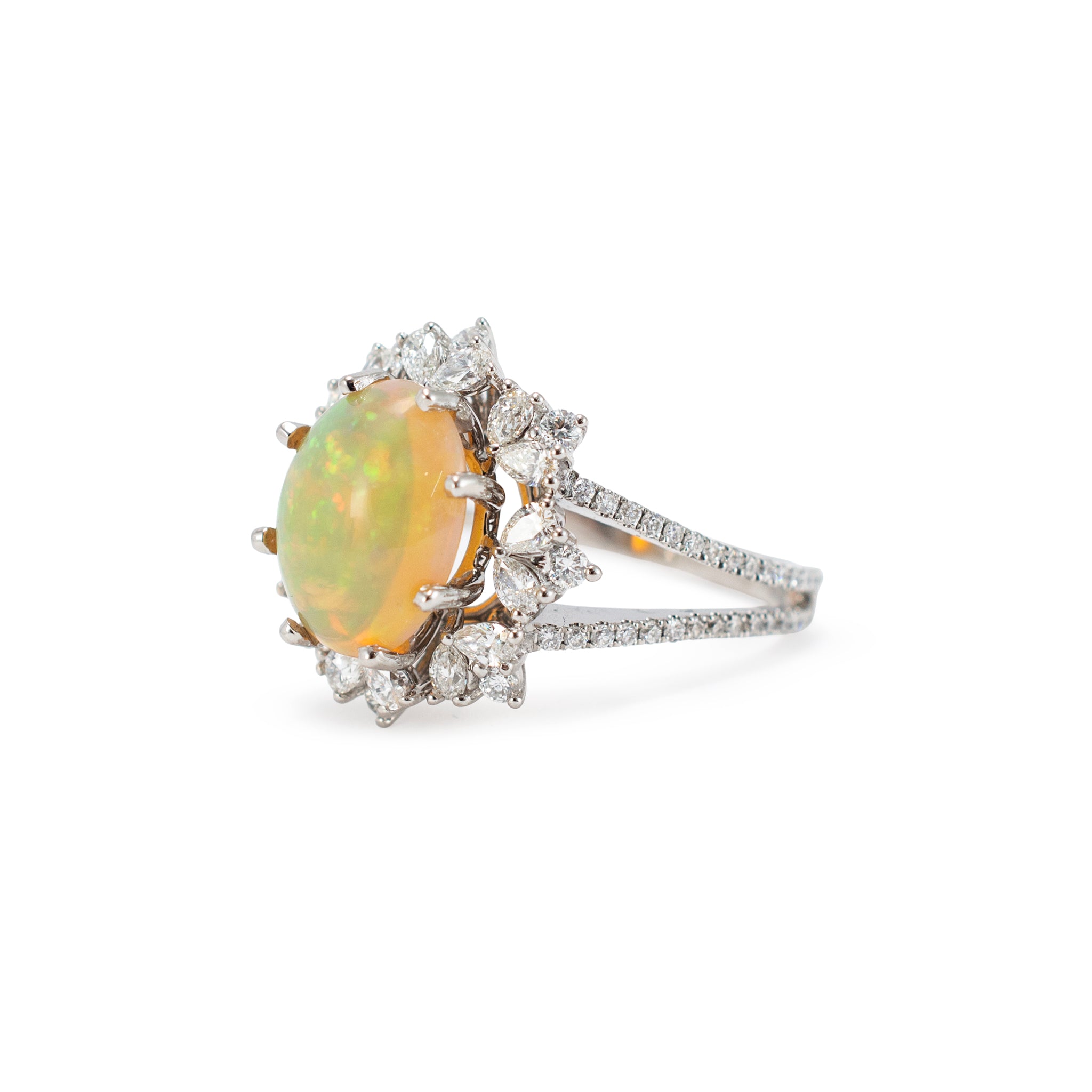 18K White Gold 4.18ct Fire Opal Halo Pear Shape & Round Diamond Cocktail Ring
