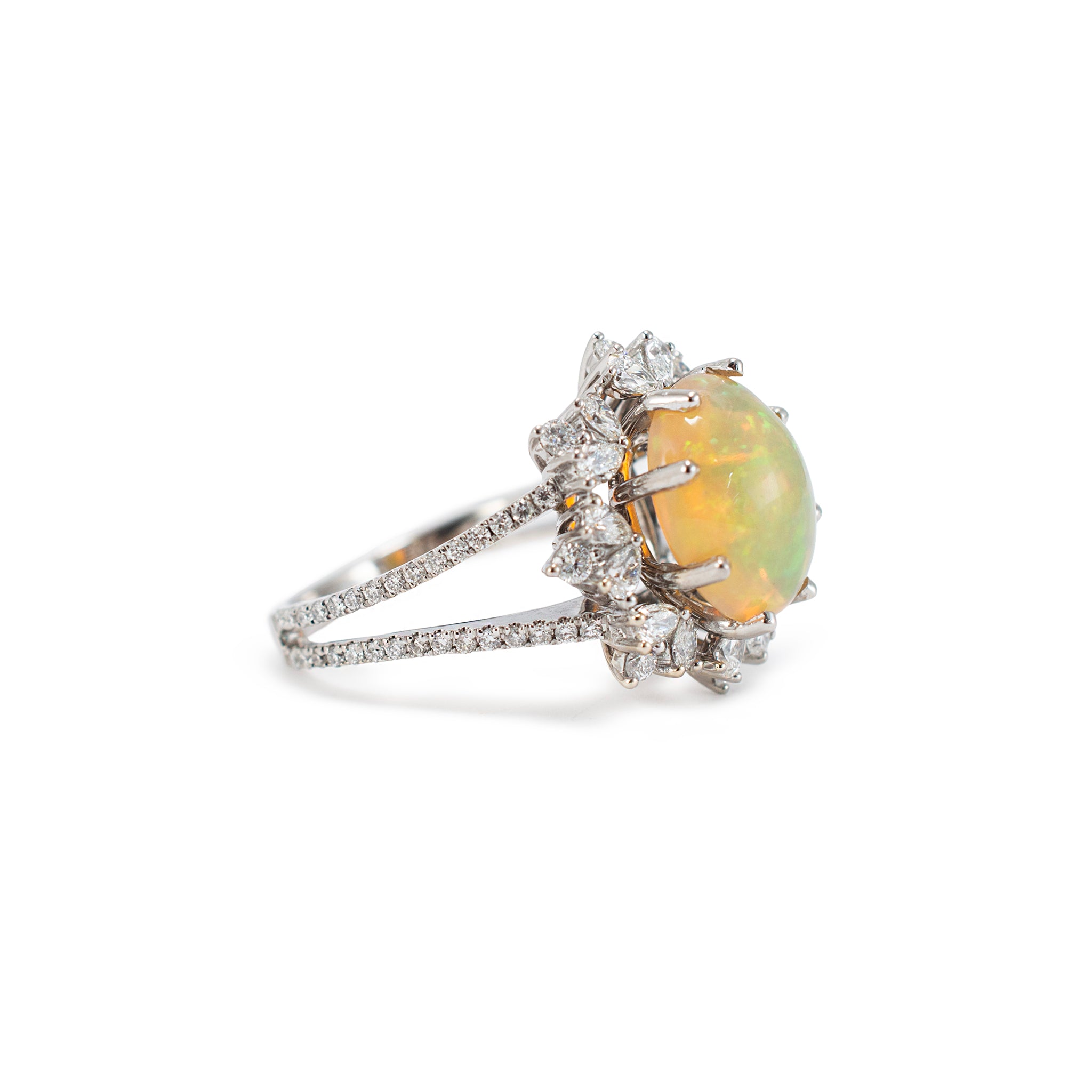 18K White Gold 4.18ct Fire Opal Halo Pear Shape & Round Diamond Cocktail Ring
