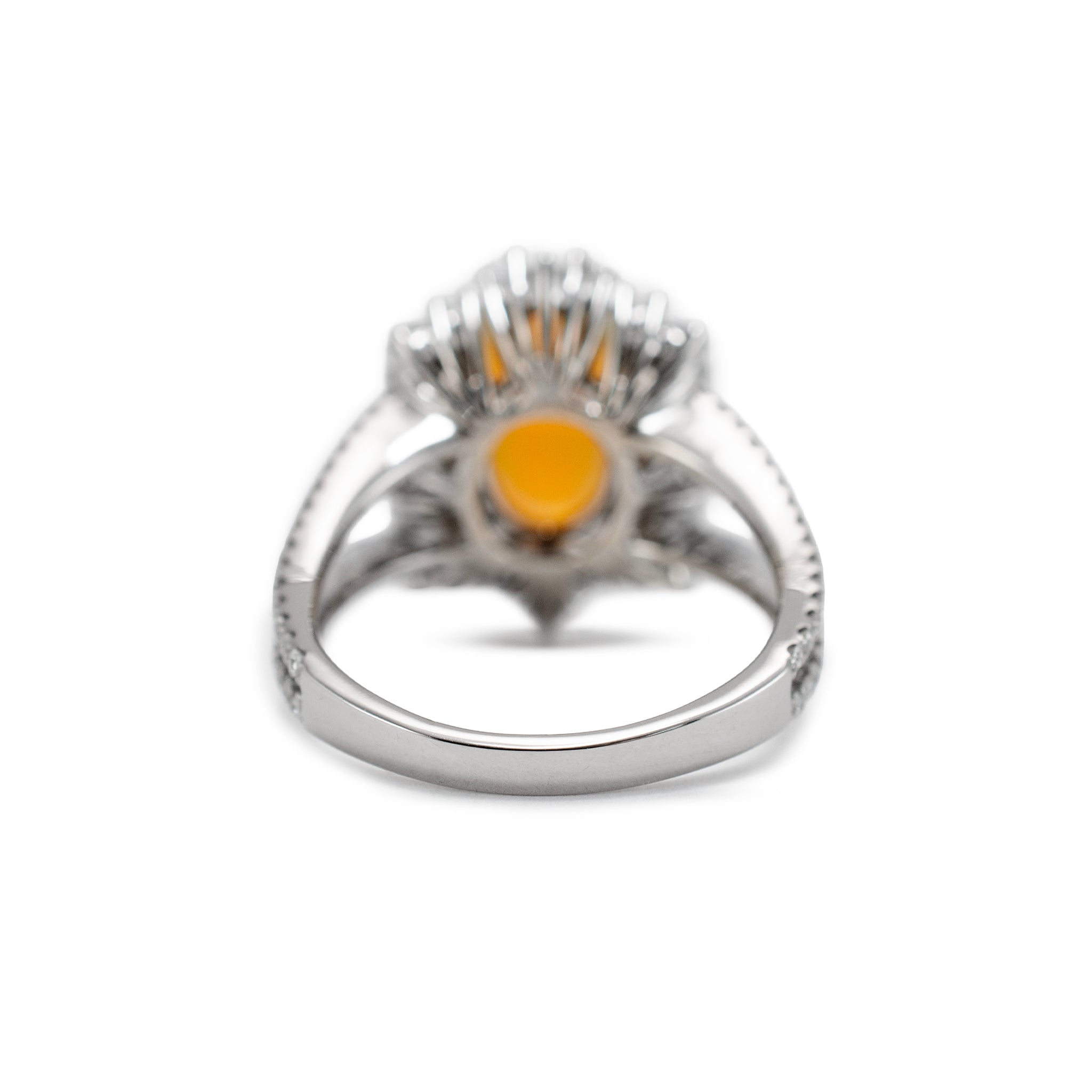 18K White Gold 4.18ct Fire Opal Halo Pear Shape & Round Diamond Cocktail Ring