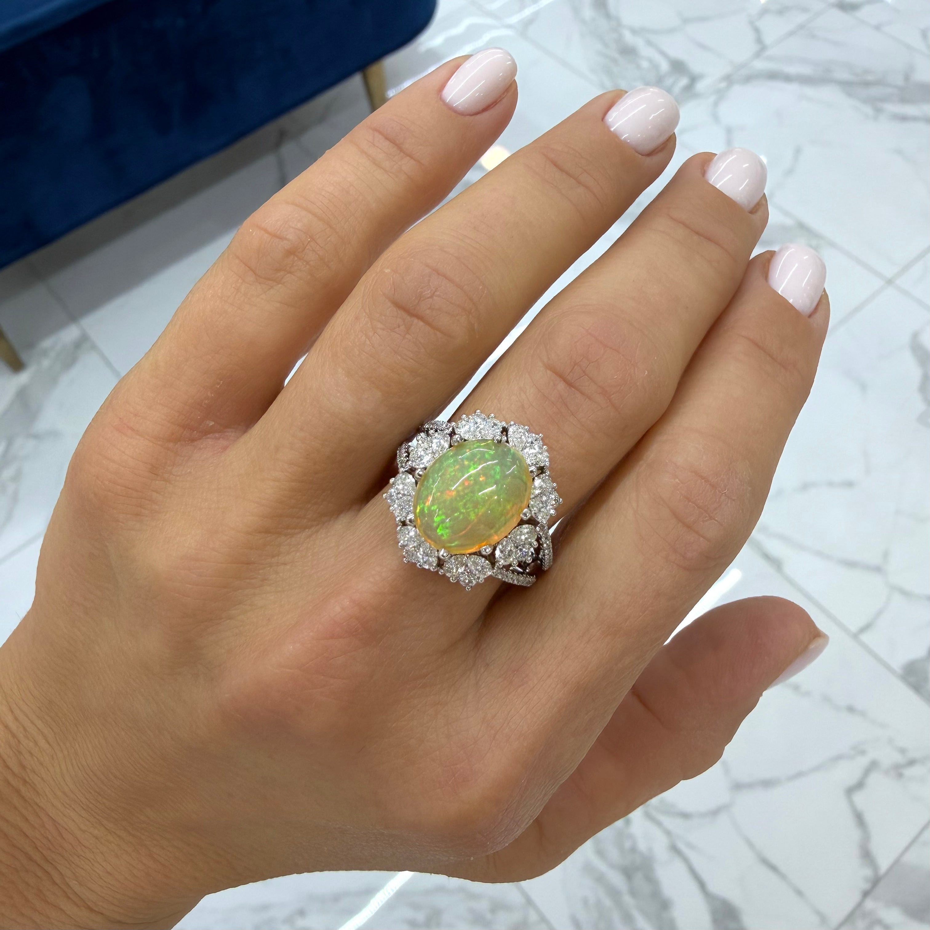 18K White Gold 4.18ct Fire Opal Halo Pear Shape & Round Diamond Cocktail Ring