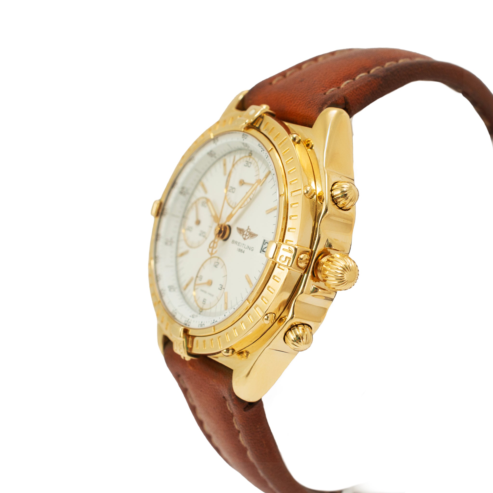 Breitling Chronomat 40MM K13048 18K Yellow Gold Brown White Chronograph Watch