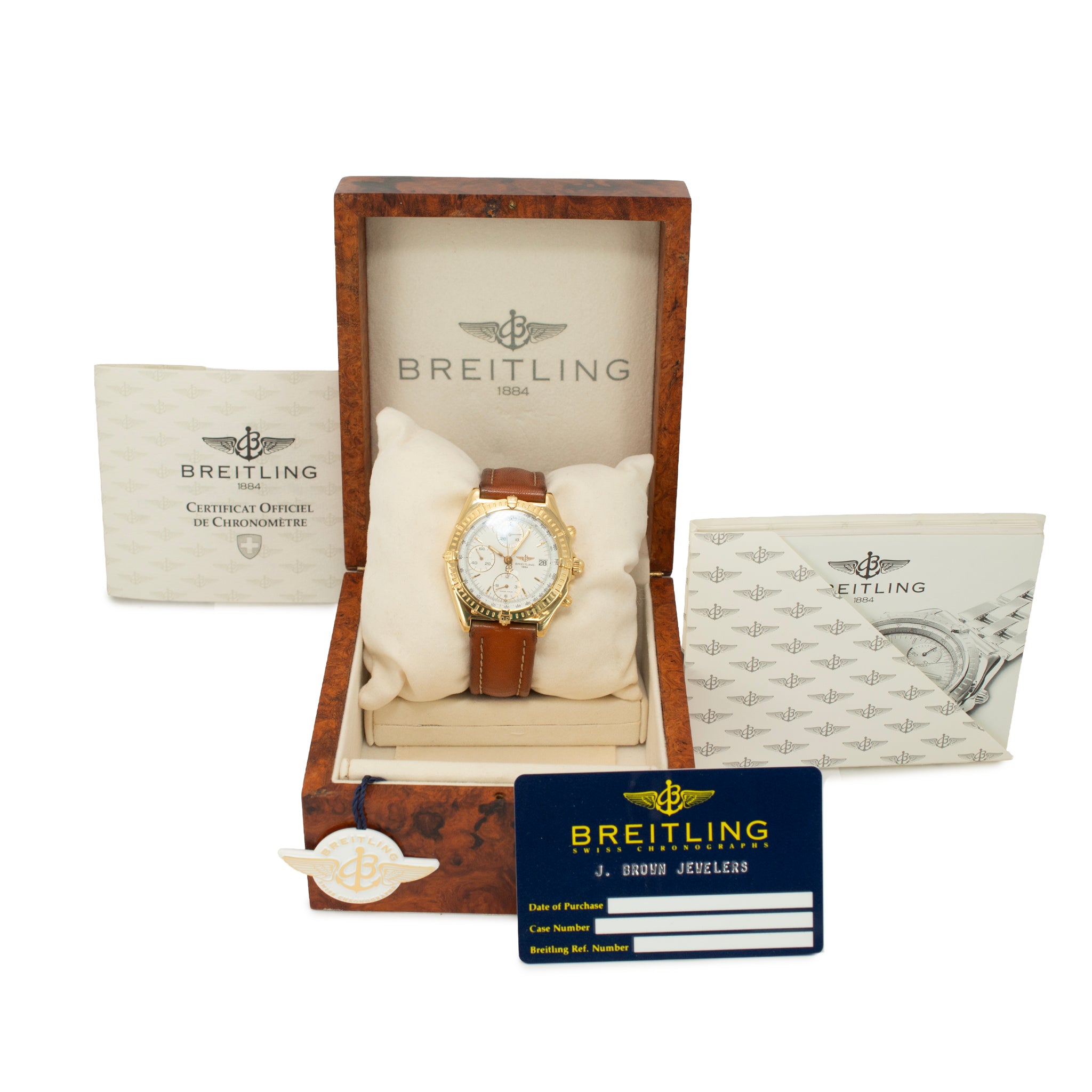 Breitling Chronomat 40MM K13048 18K Yellow Gold Brown White Chronograph Watch