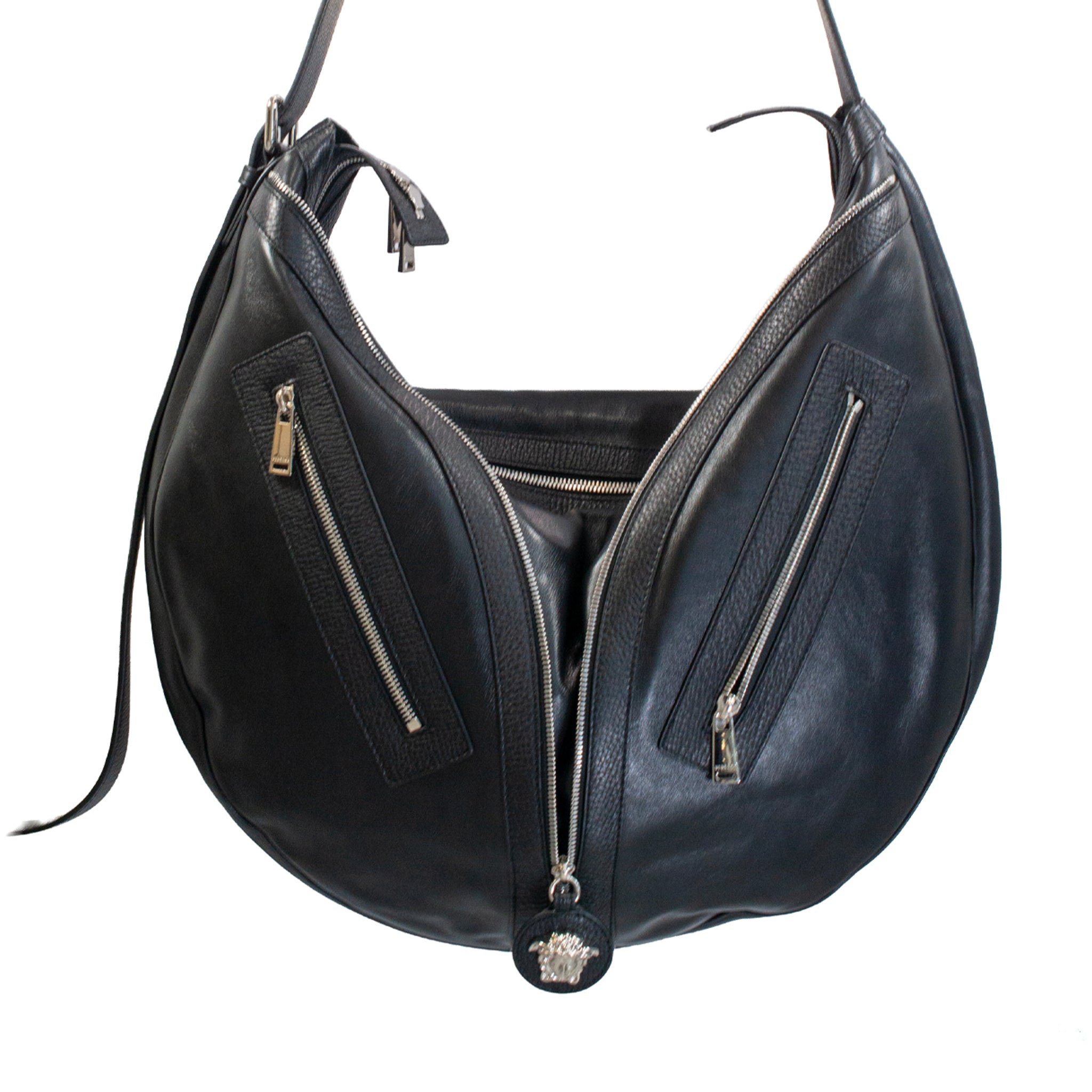 Versace Repeat Large Hobo Black Leather Silver Hardware Shoulder Bag