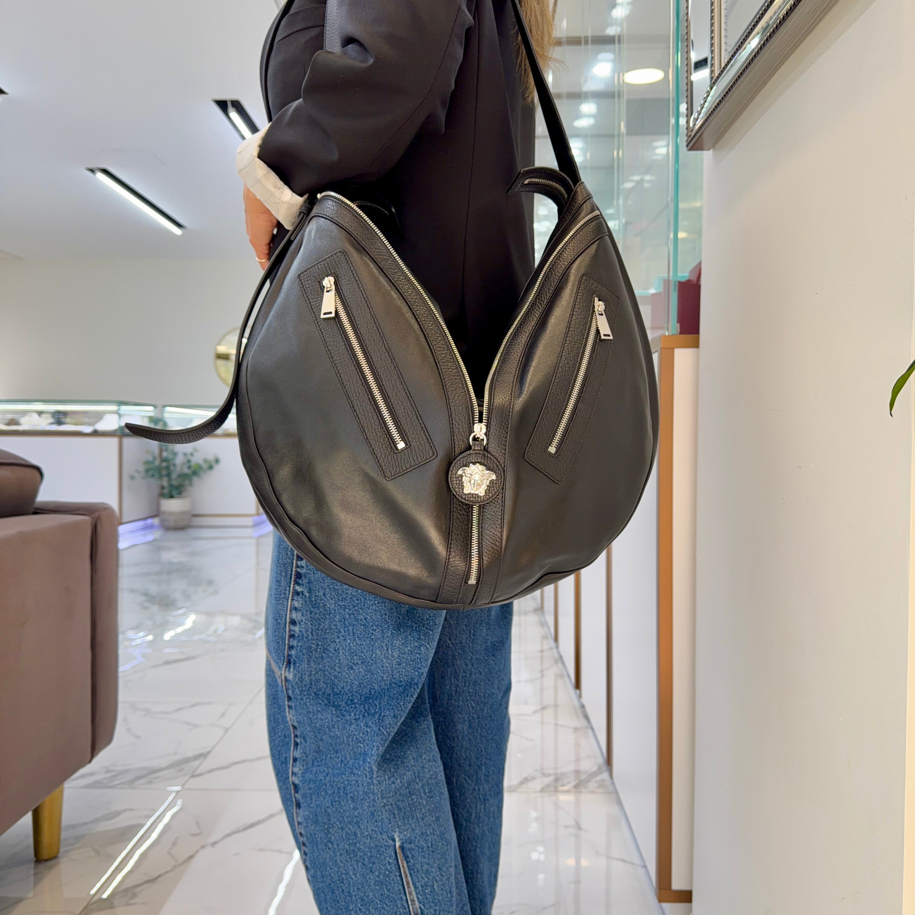 Versace Repeat Large Hobo Black Leather Silver Hardware Shoulder Bag