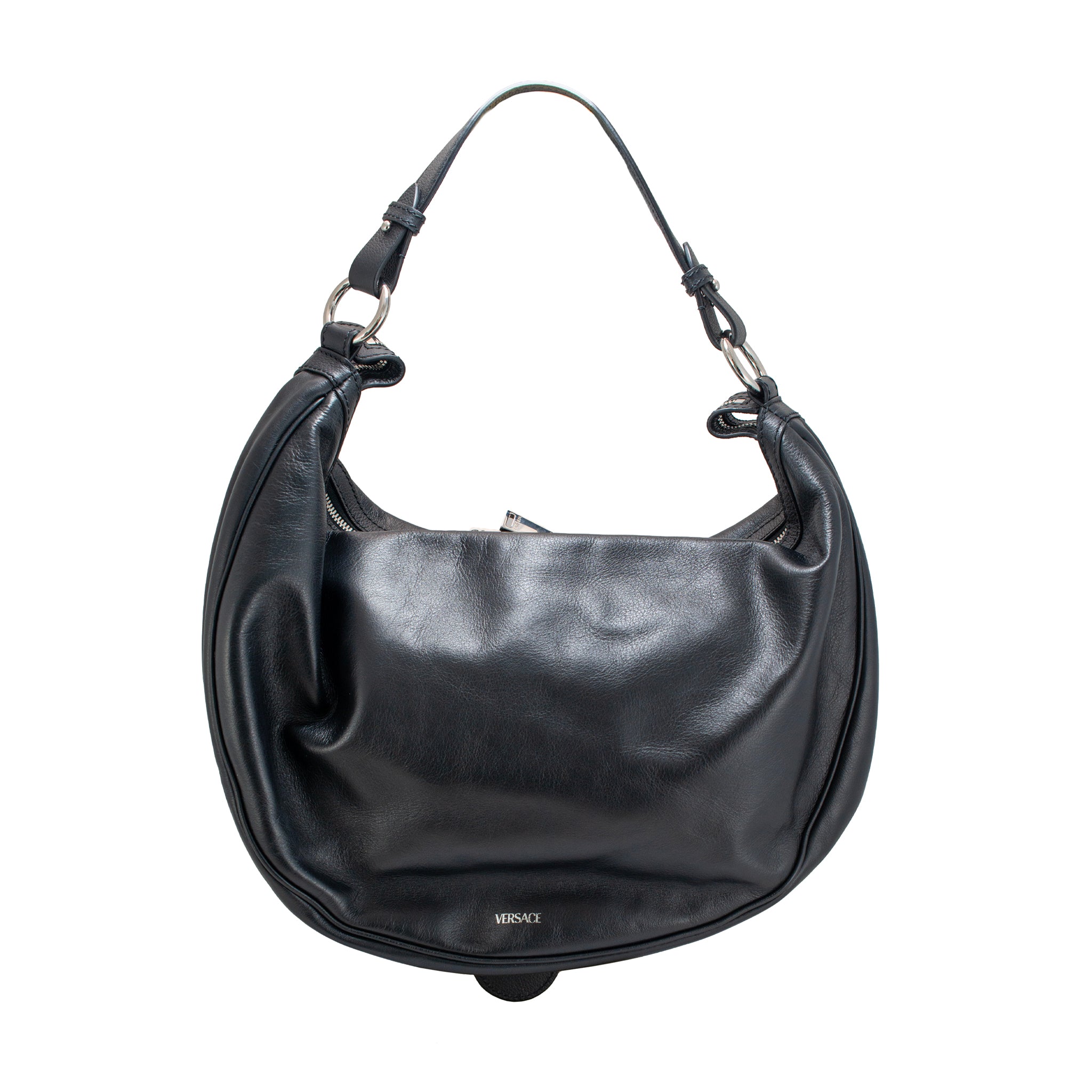 Versace Repeat Hobo Medium Black Leather Silver Hardware Shoulder Bag