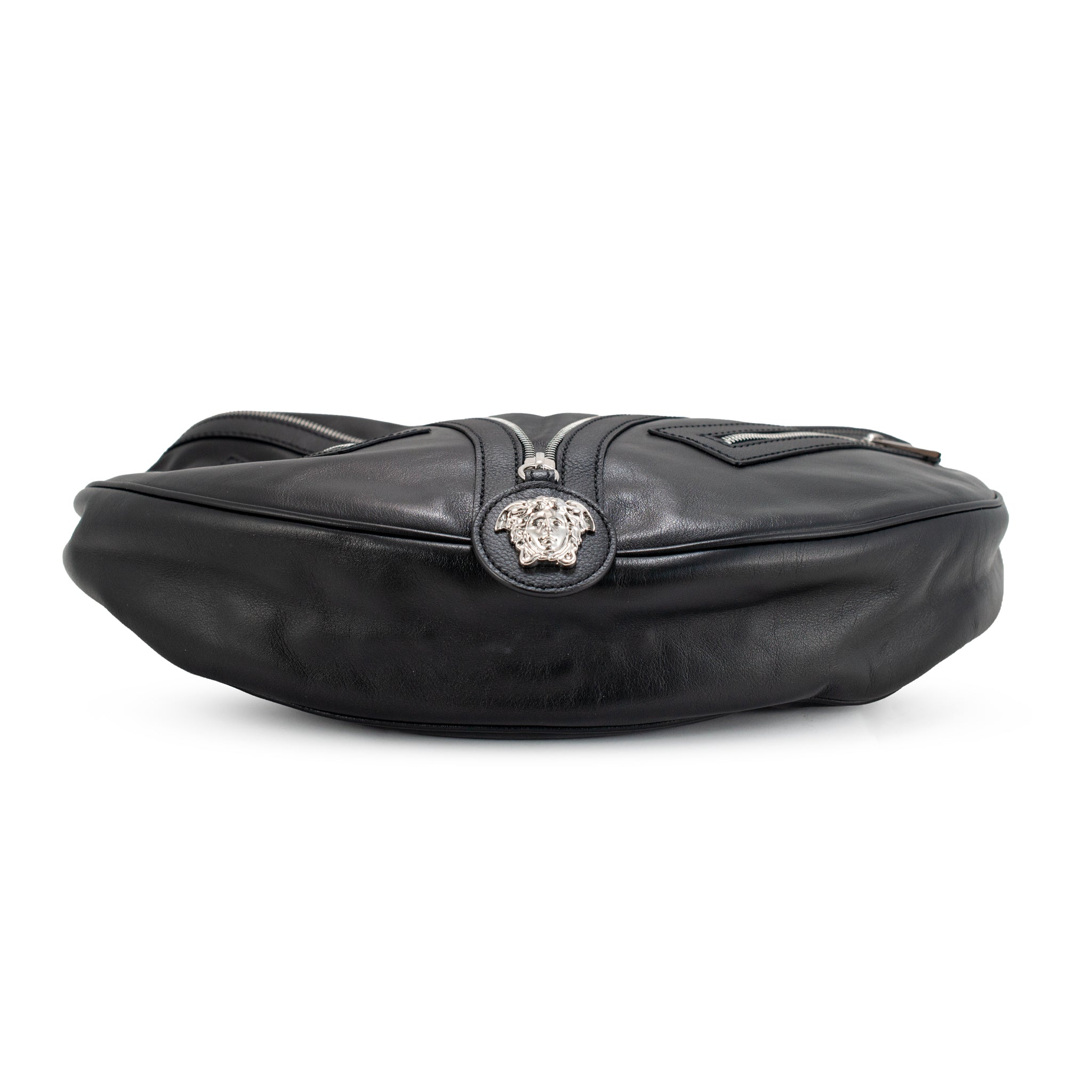 Versace Repeat Hobo Medium Black Leather Silver Hardware Shoulder Bag