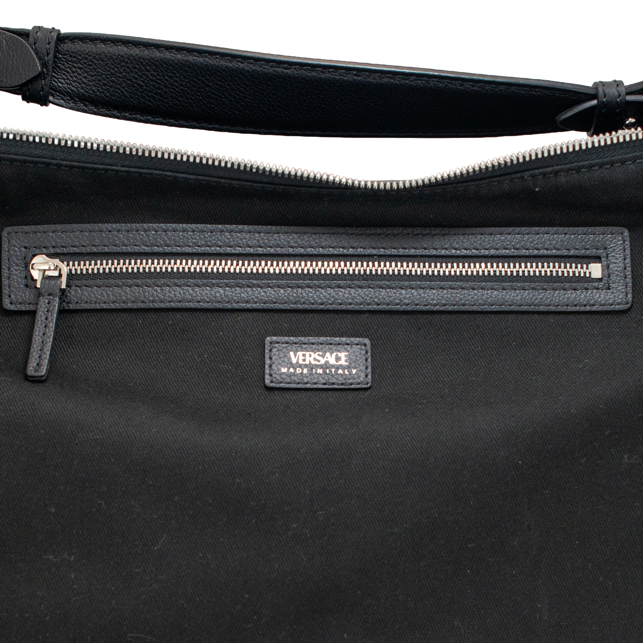 Versace Repeat Hobo Medium Black Leather Silver Hardware Shoulder Bag