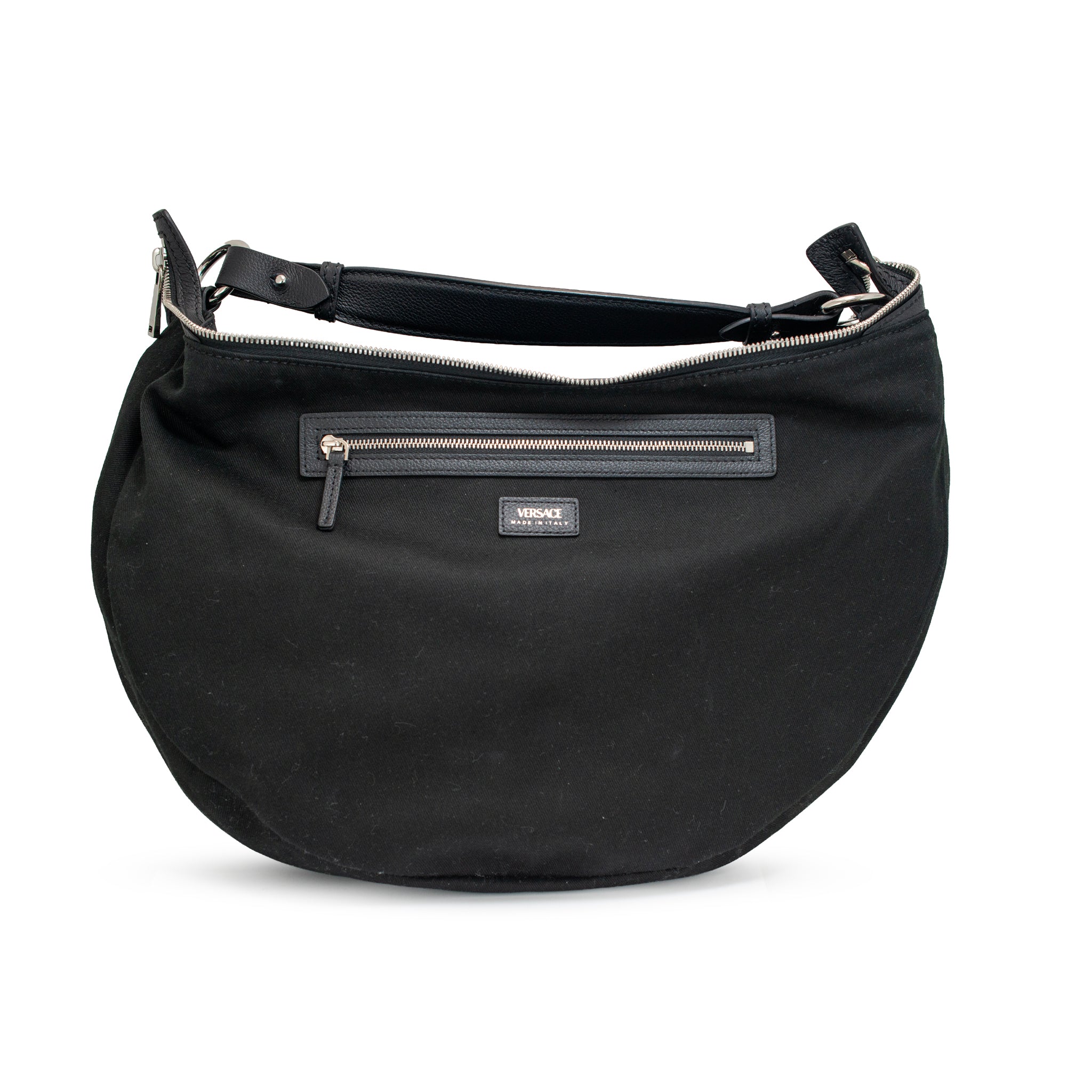 Versace Repeat Hobo Medium Black Leather Silver Hardware Shoulder Bag