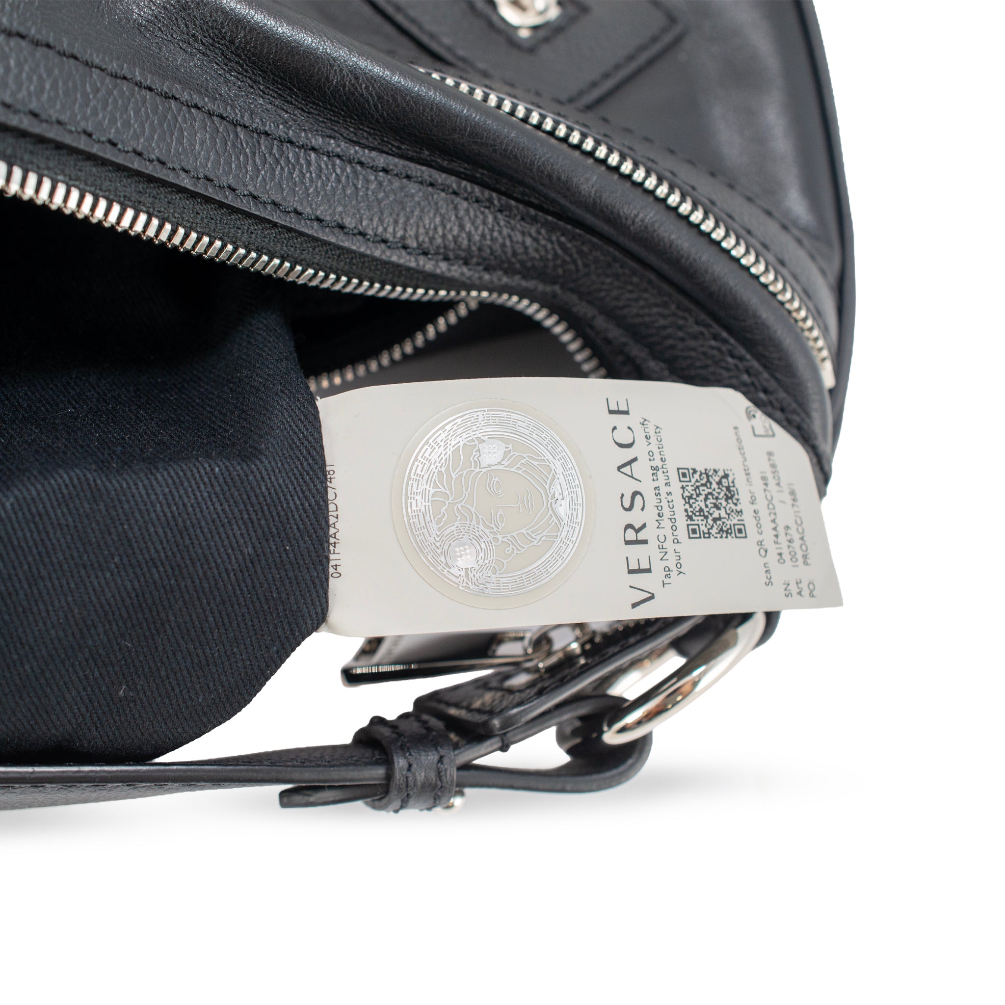 Versace Repeat Hobo Medium Black Leather Silver Hardware Shoulder Bag