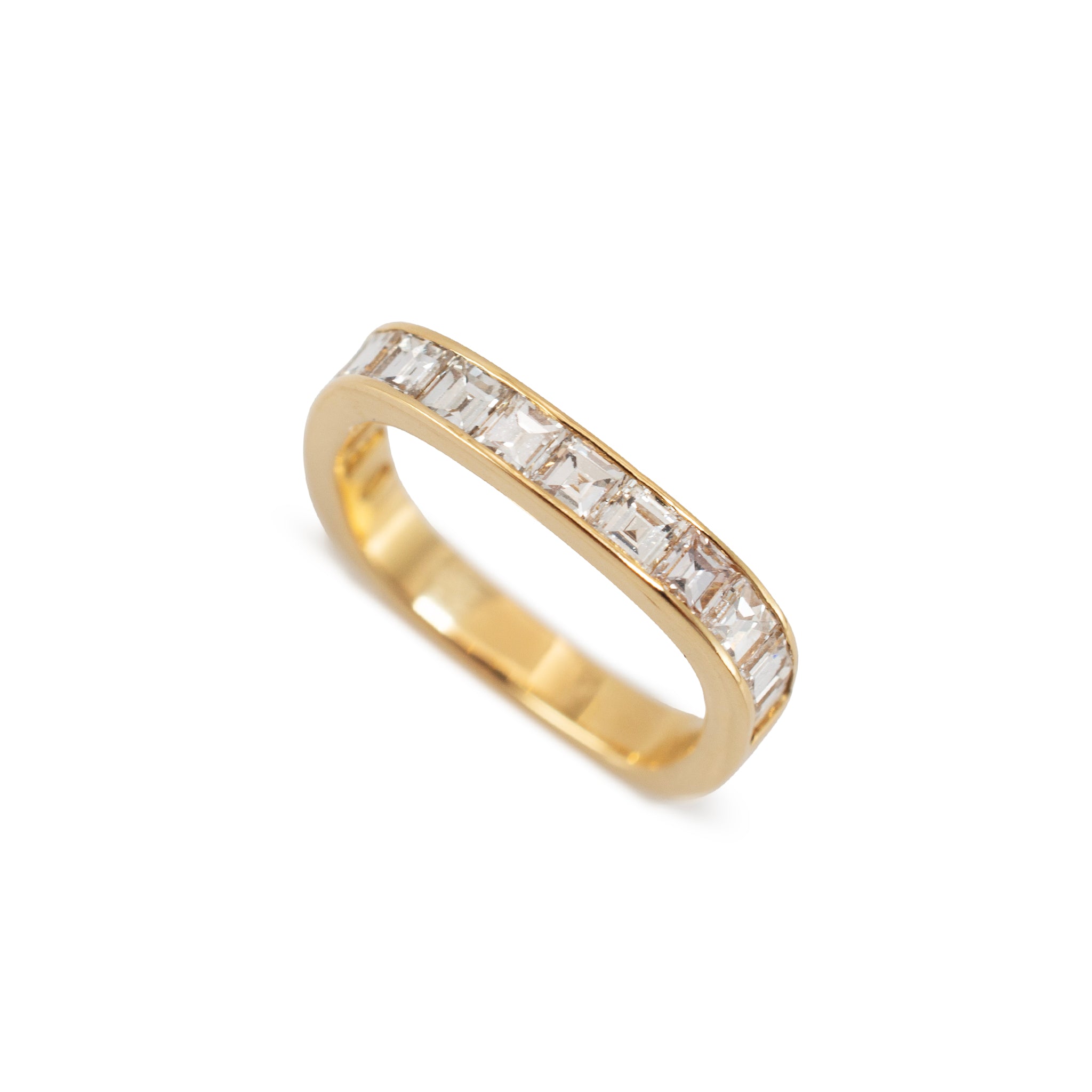 Vintage Swiss 18K Yellow Gold 1.12ct Square Cut Baguettes Diamonds Band Ring