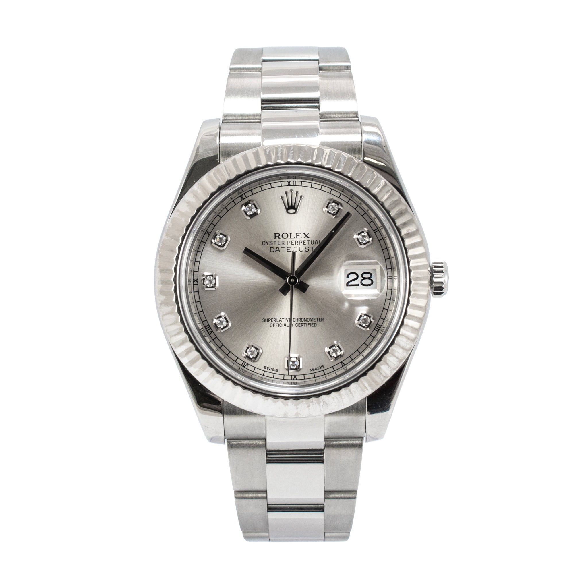 Rolex Datejust 41MM 116334 Fluted Oyster Silver Diamond Dial Steel Wat