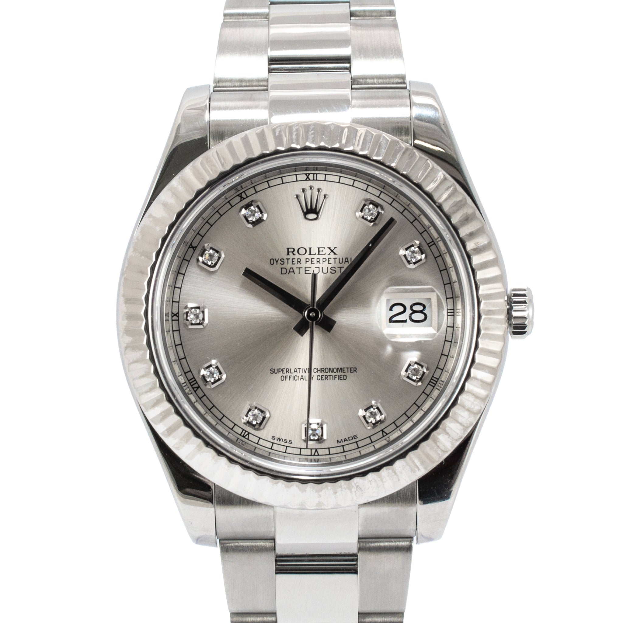 Rolex Datejust 41MM 116334 Fluted Oyster Silver Diamond Dial Steel Watch