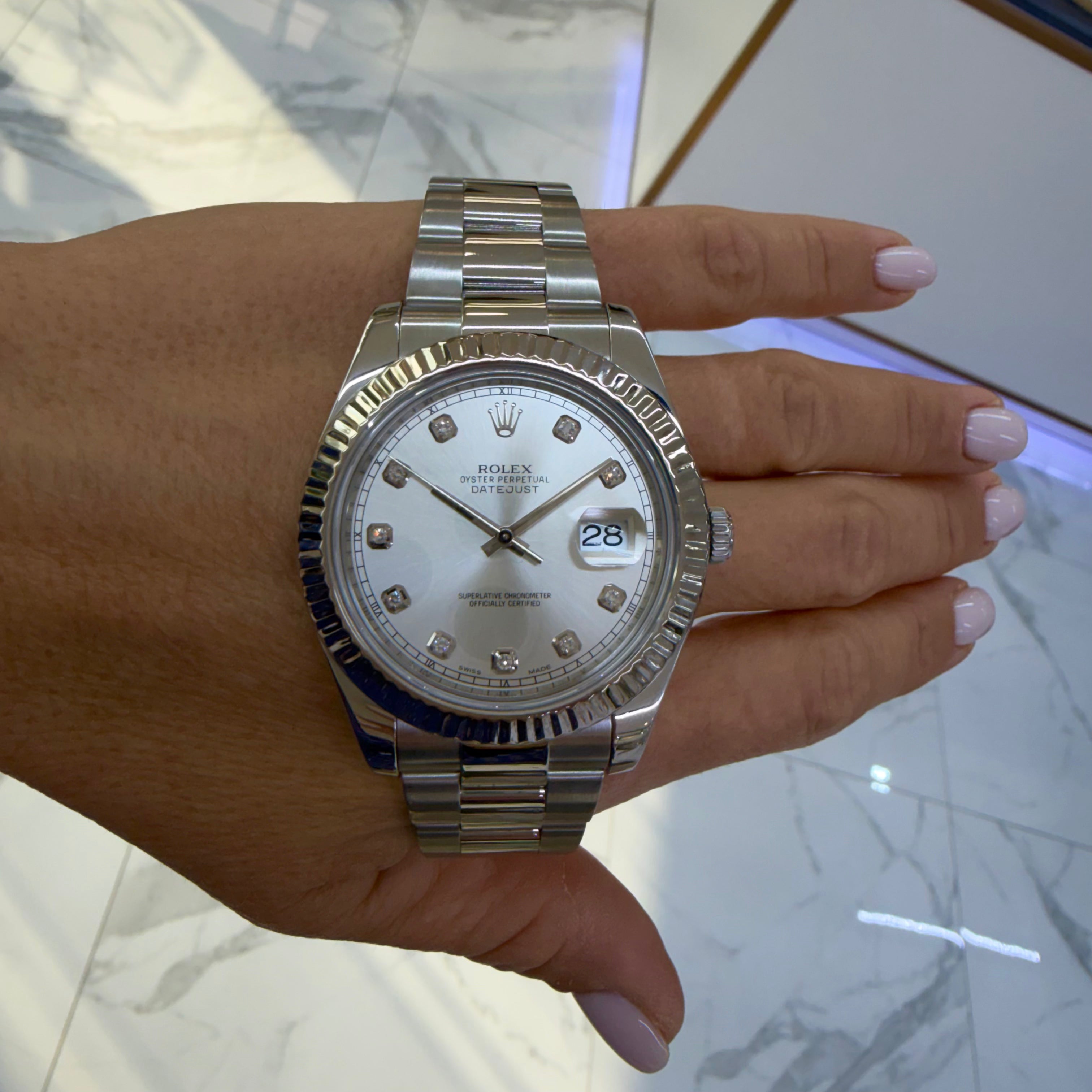 Rolex Datejust 41MM 116334 Fluted Oyster Silver Diamond Dial Steel Watch