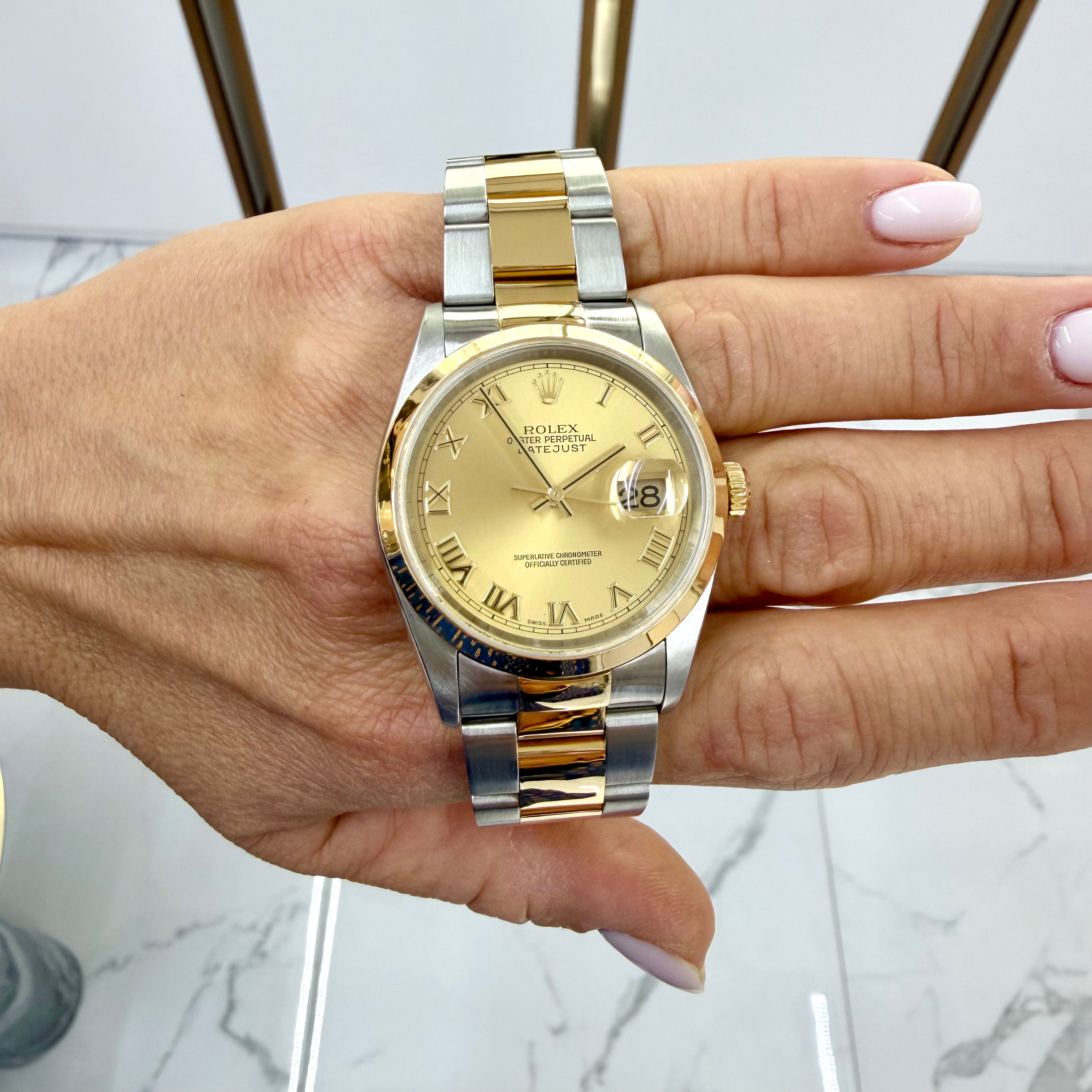 Rolex Datejust 36MM 16203 Champagne Roman Two Tone Oyster Gold Steel Watch