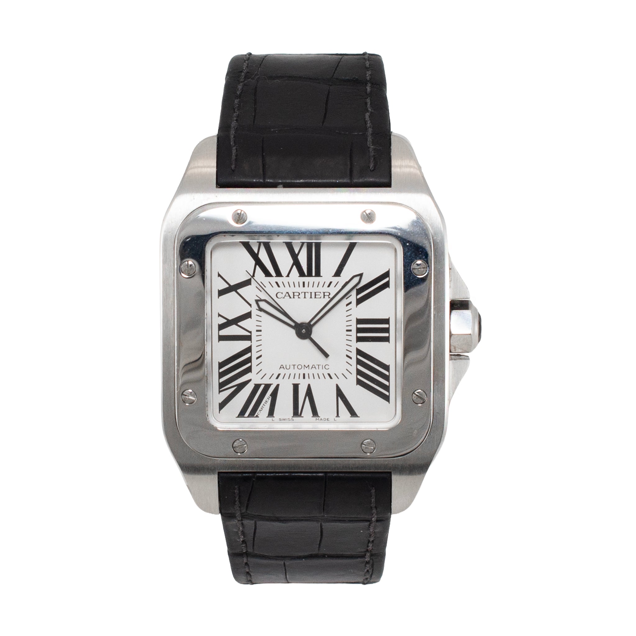 Cartier Santos 100 38MM X 51MM 2656 XL Roman Black Leather Stainless Steel Watch