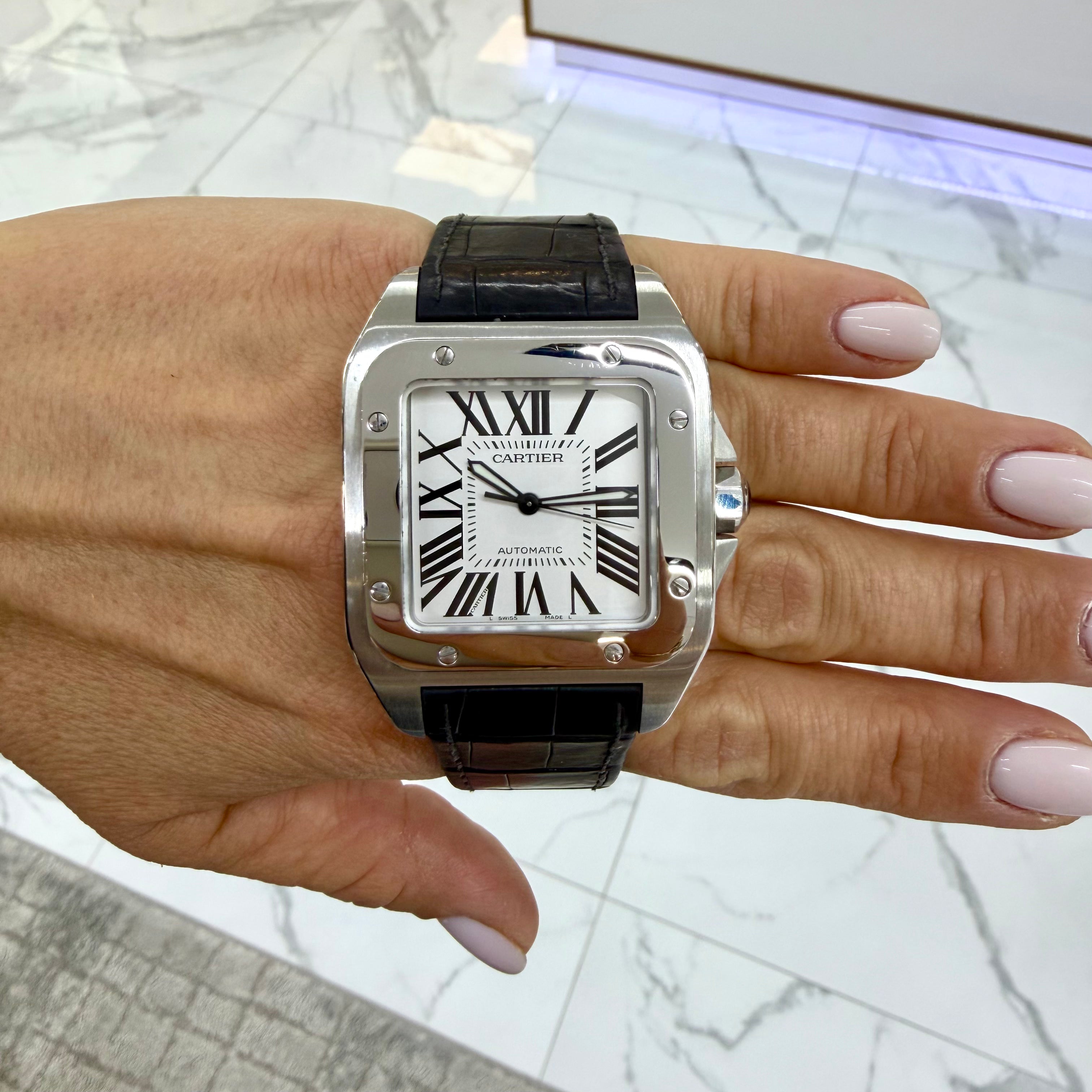 Cartier Santos 100 38MM X 51MM 2656 XL Roman Black Leather Stainless Steel Watch