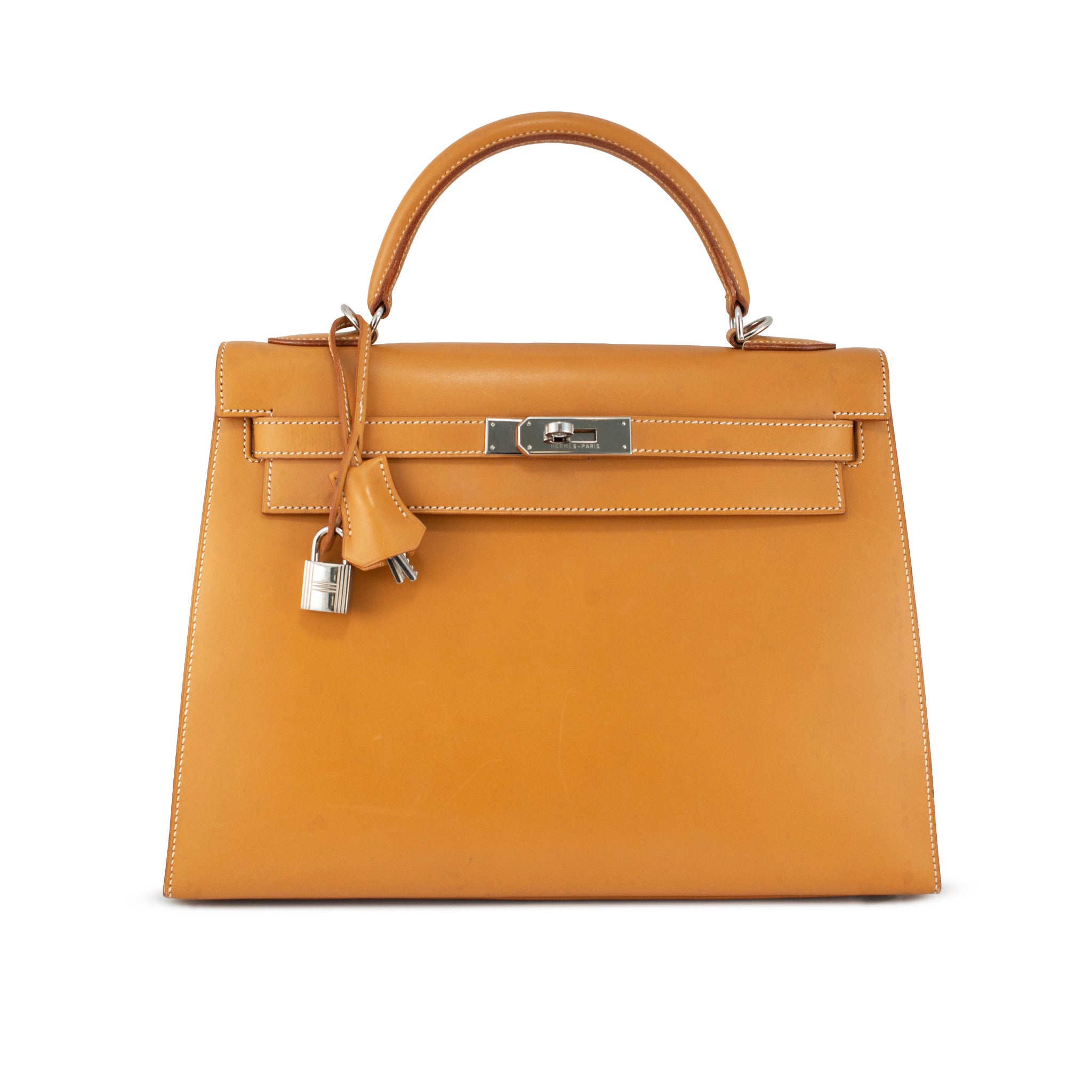 Hermès Kelly 32 Gold Box Calf Leather Palladium Hardware Top Handle Bag