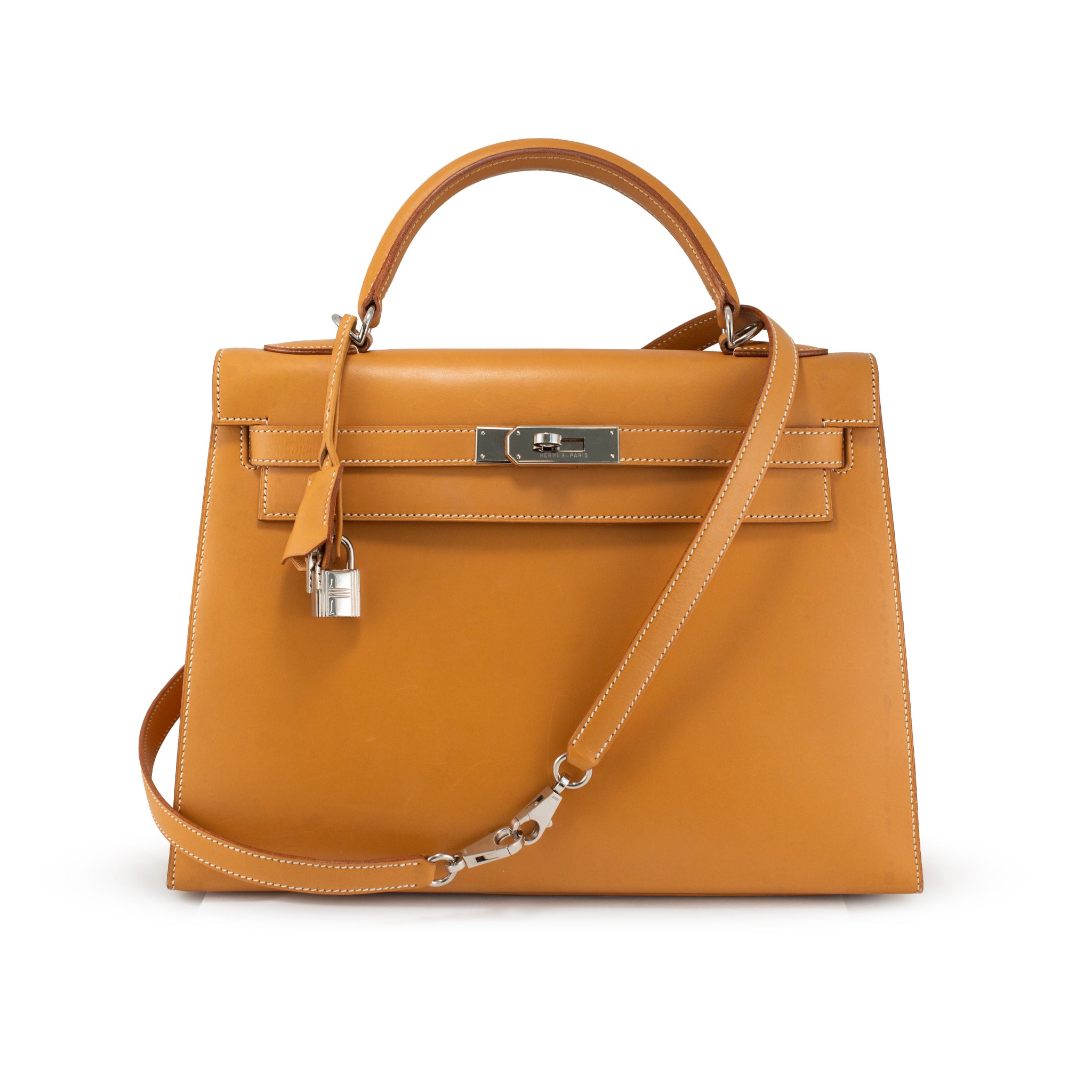 Hermès Kelly 32 Gold Box Calf Leather Palladium Hardware Top Handle Bag