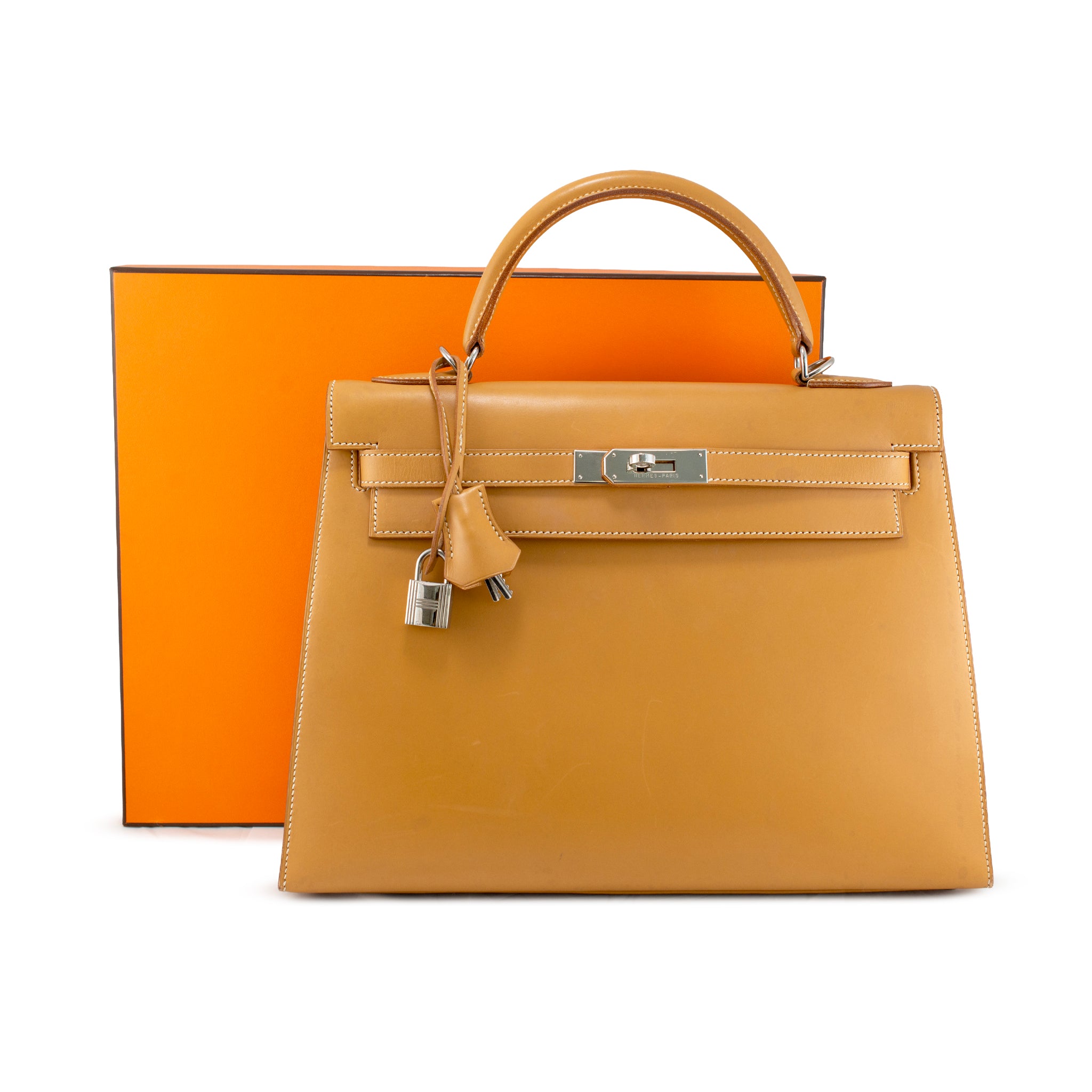 Hermès Kelly 32 Gold Box Calf Leather Palladium Hardware Top Handle Bag