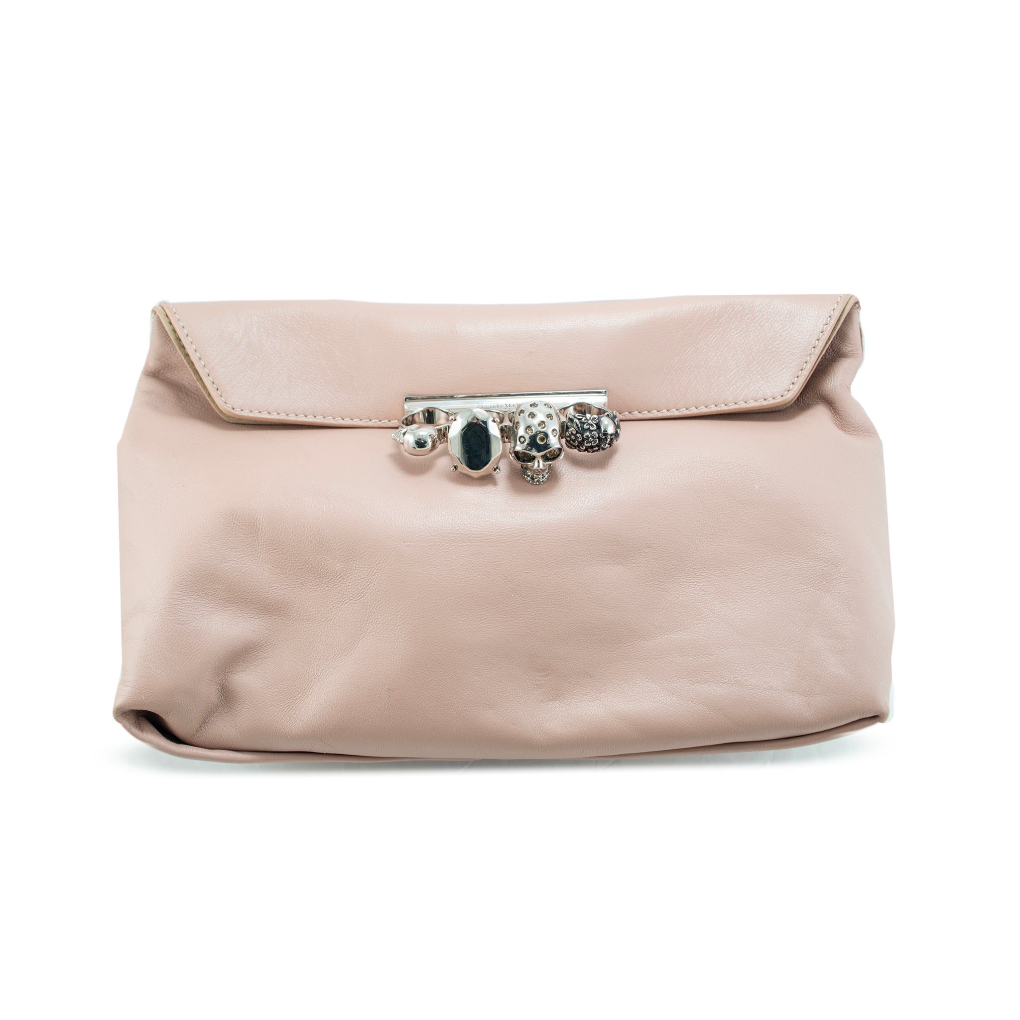 Alexander McQueen Rose Pink Skull Jewel Four-Ring Soft Leather Clutch Bag