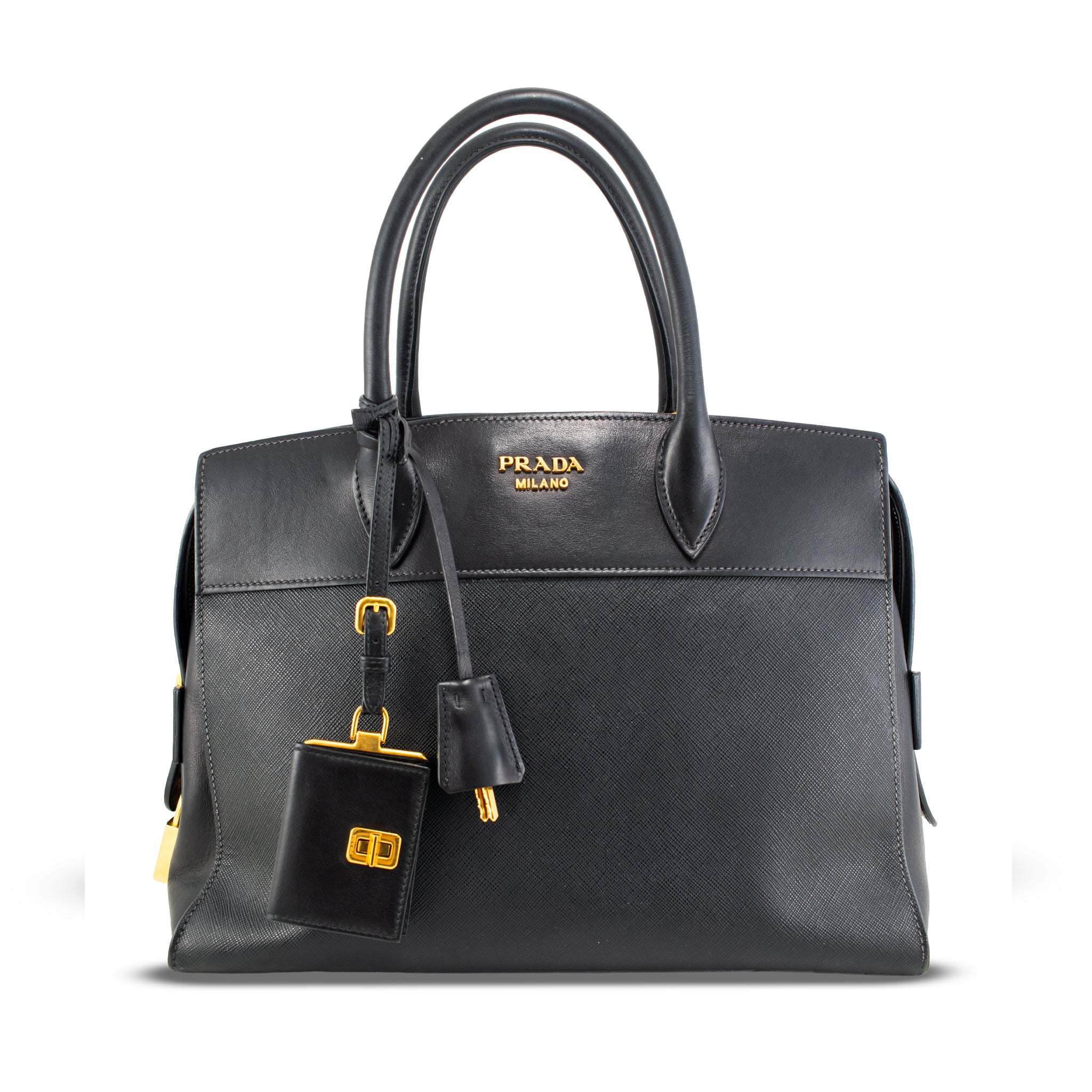 Prada Saffiano City Black Gold Hardware Leather Structured Tote Bag