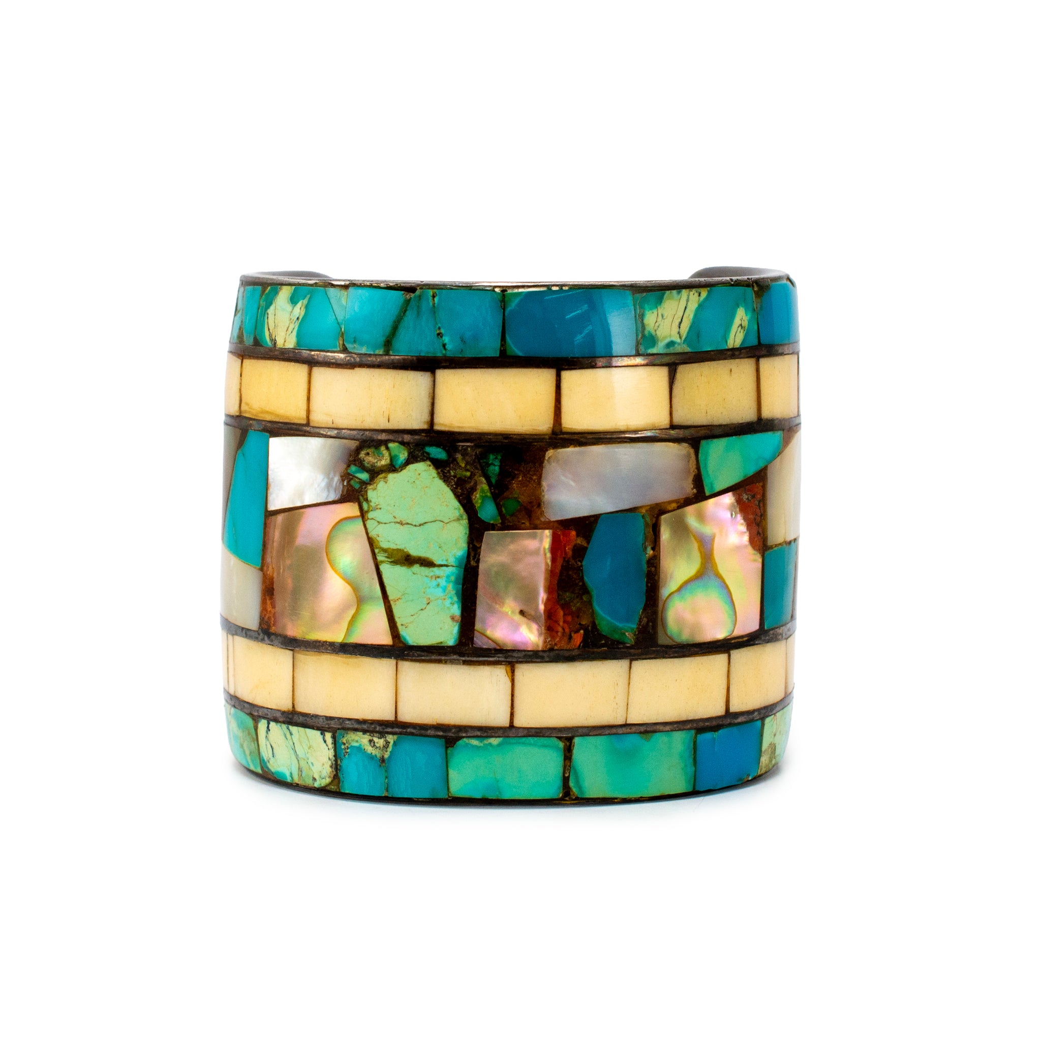 Vintage Neiman Marcus 925 Turquoise Mother of Pearl Abalone Shell Cuff Bracelet