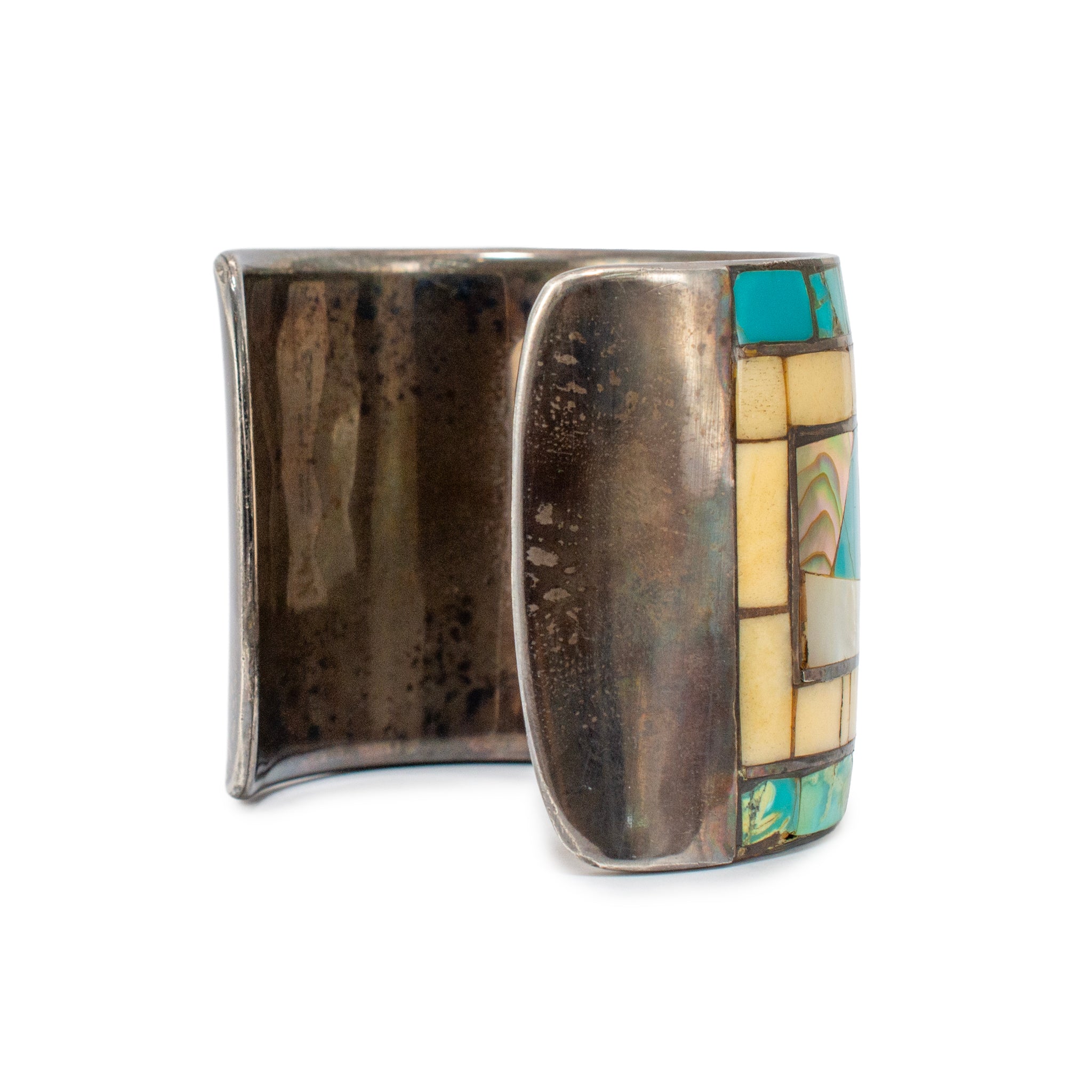 Vintage Neiman Marcus 925 Turquoise Mother of Pearl Abalone Shell Cuff Bracelet