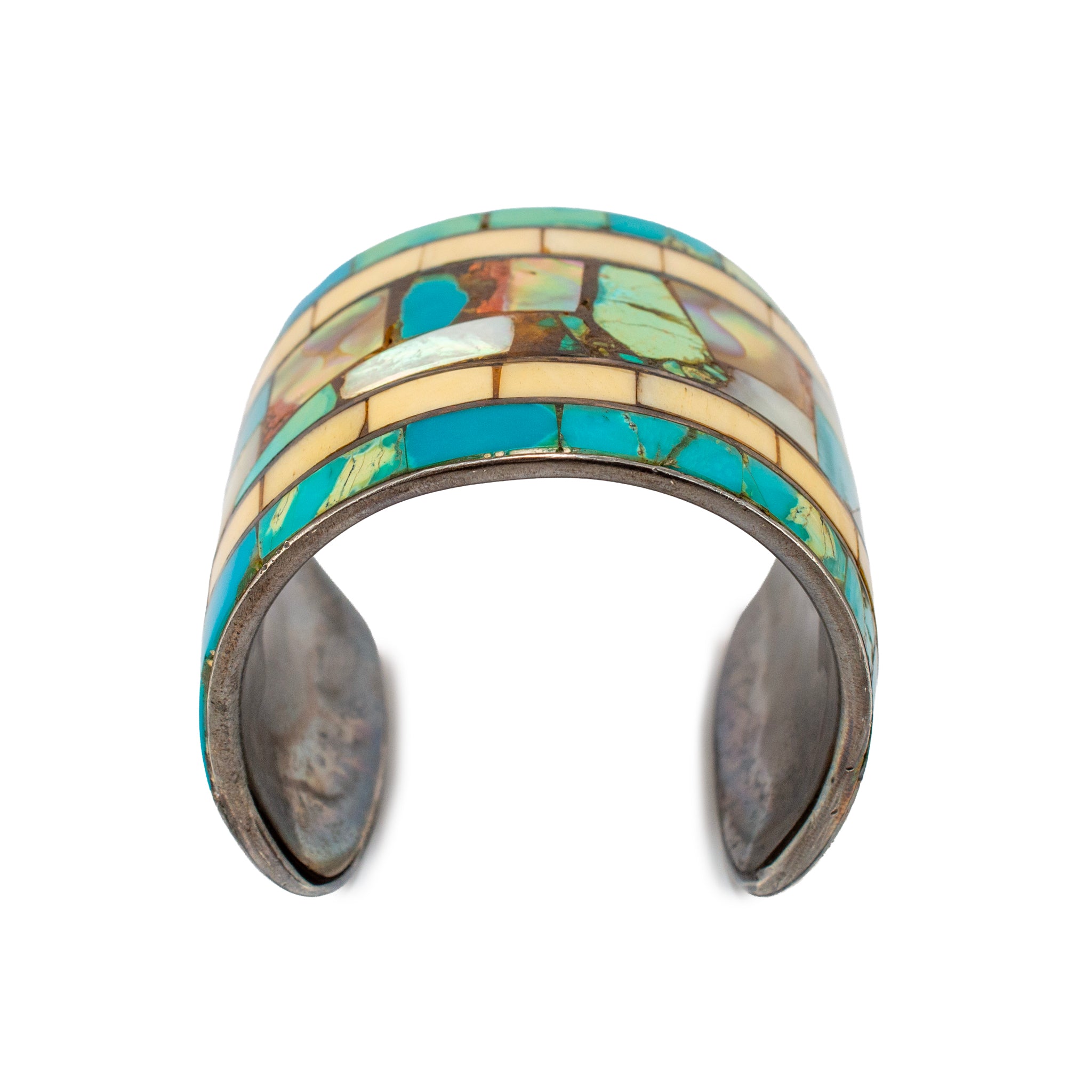 Vintage Neiman Marcus 925 Turquoise Mother of Pearl Abalone Shell Cuff Bracelet