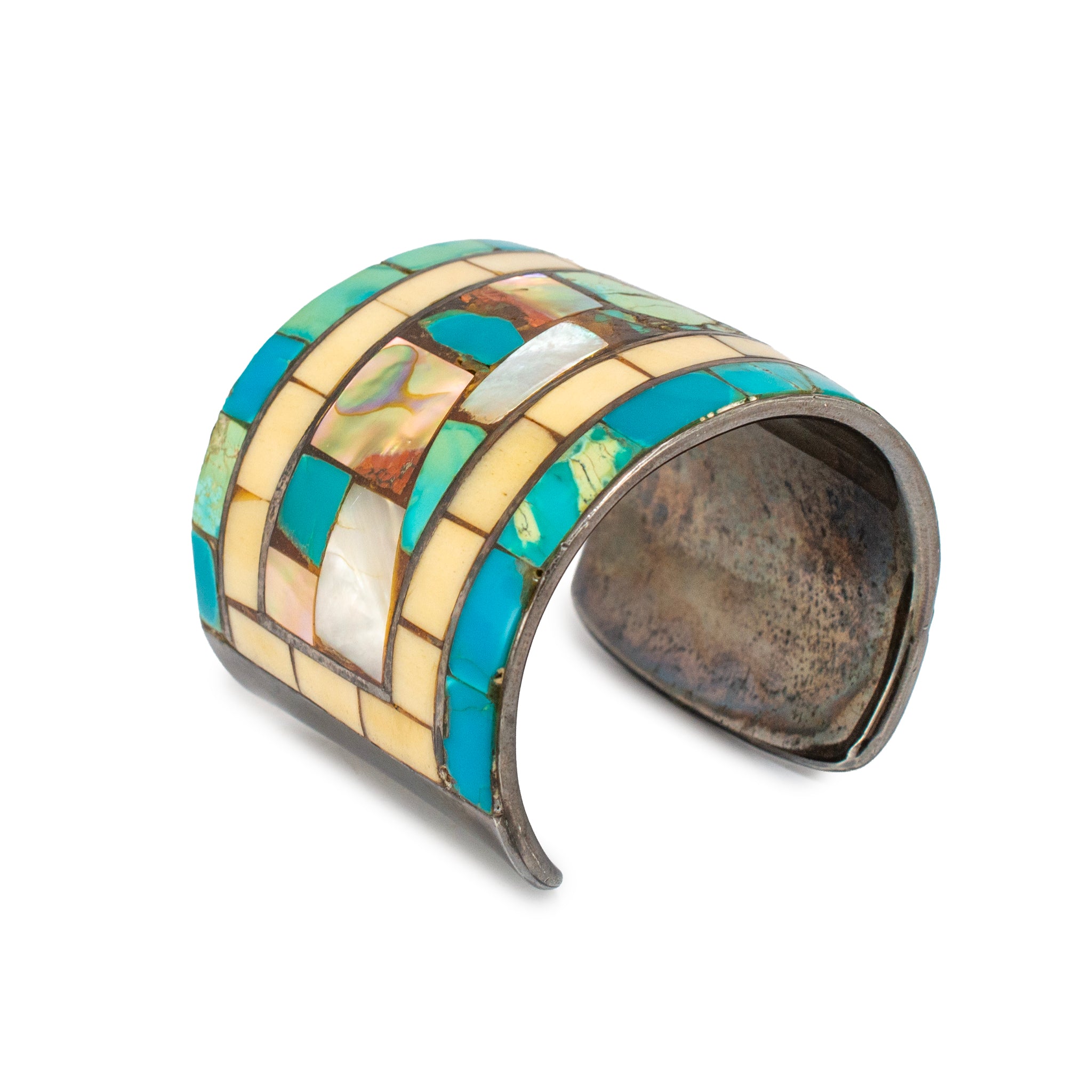 Vintage Neiman Marcus 925 Turquoise Mother of Pearl Abalone Shell Cuff Bracelet