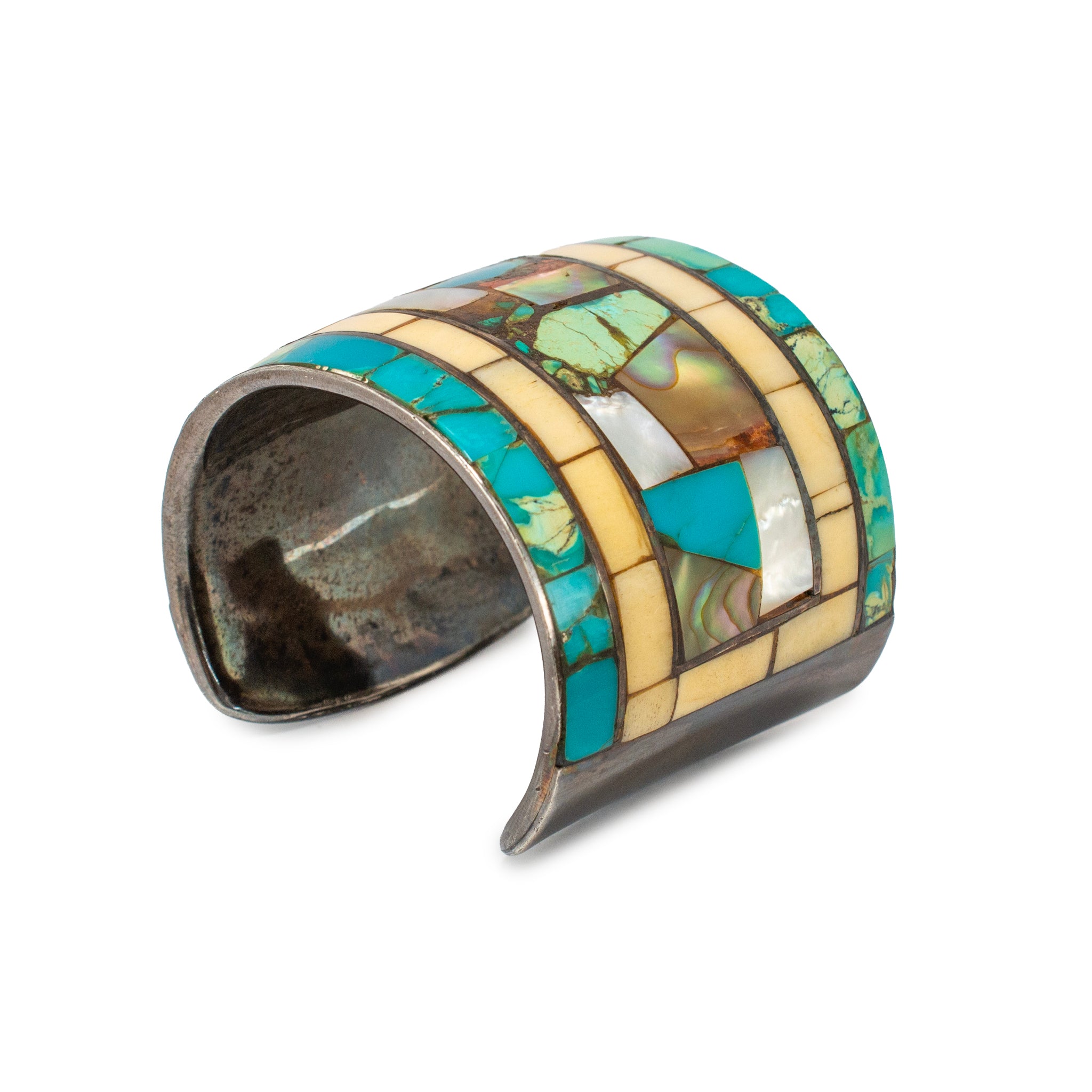 Vintage Neiman Marcus 925 Turquoise Mother of Pearl Abalone Shell Cuff Bracelet