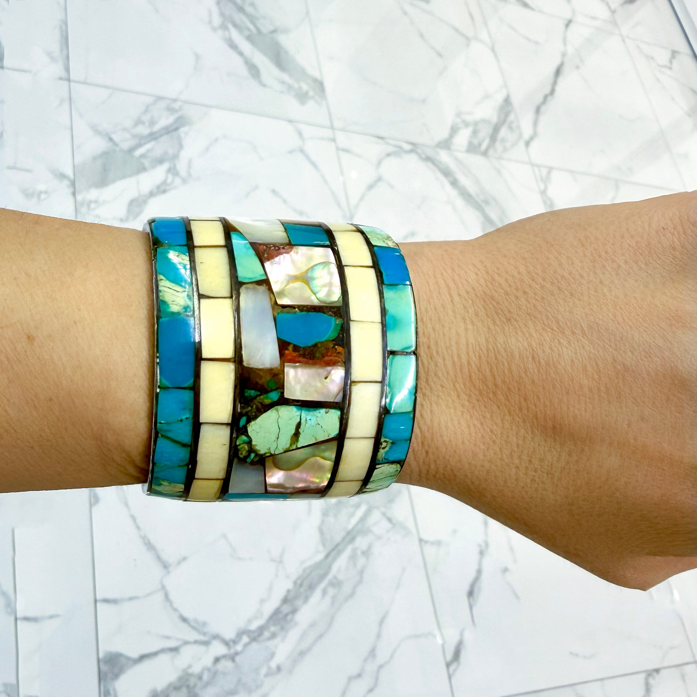 Vintage Neiman Marcus 925 Turquoise Mother of Pearl Abalone Shell Cuff Bracelet