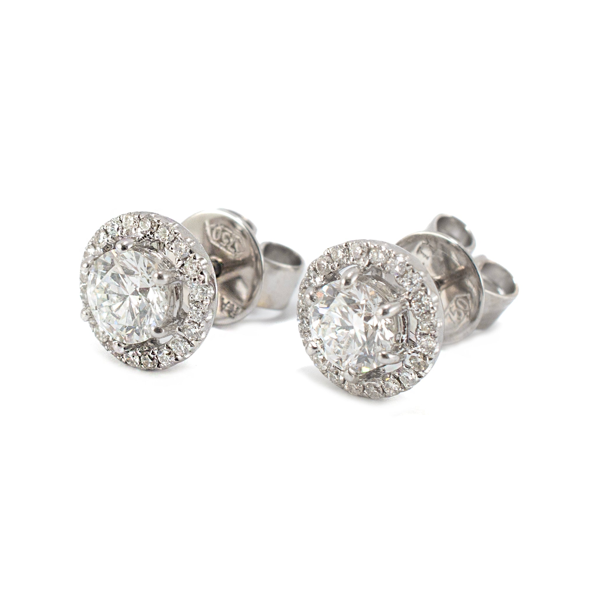 Unisex 18K White Gold GIA 1.21ctw Round Brilliant Cut Diamond Halo Stud Earrings