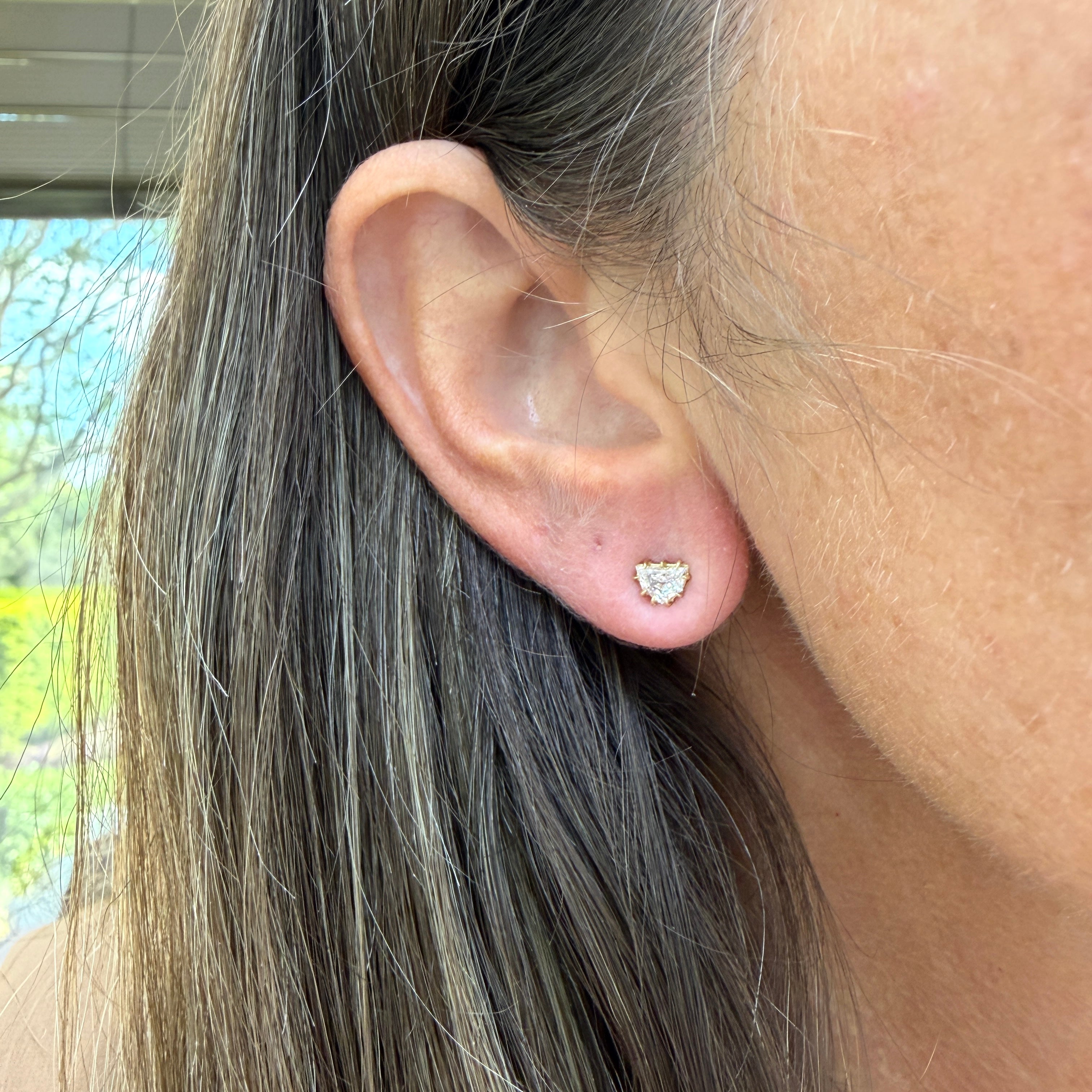 Ladies 14K Yellow Gold 0.53ct Shield Cut Diamond Nine Prongs Stud Earrings