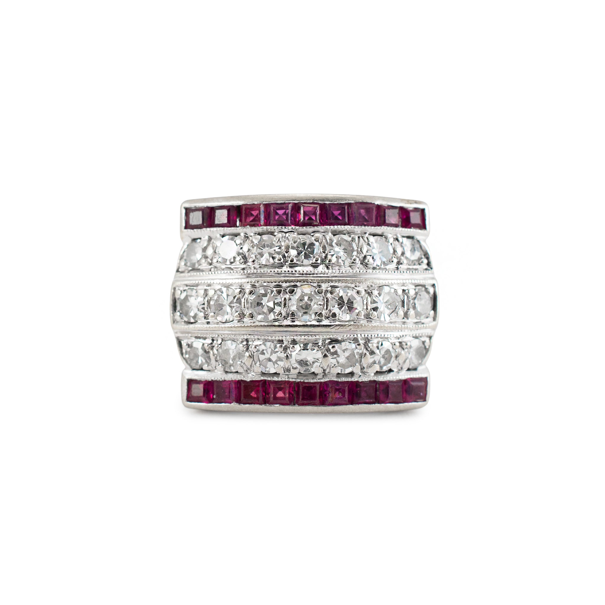 Antique Art Deco 14K White Gold 1.44ct Five Row Diamond Ruby Band Ring