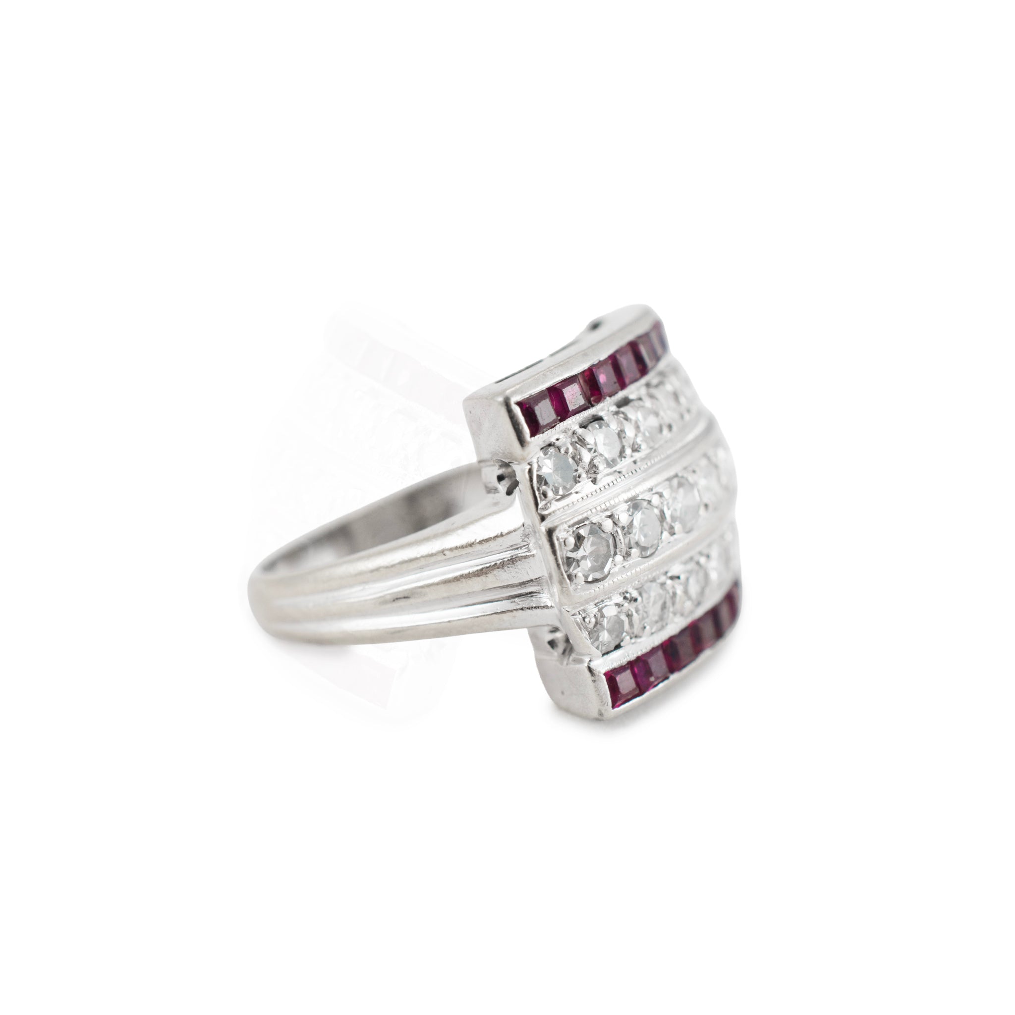 Antique Art Deco 14K White Gold 1.44ct Five Row Diamond Ruby Band Ring