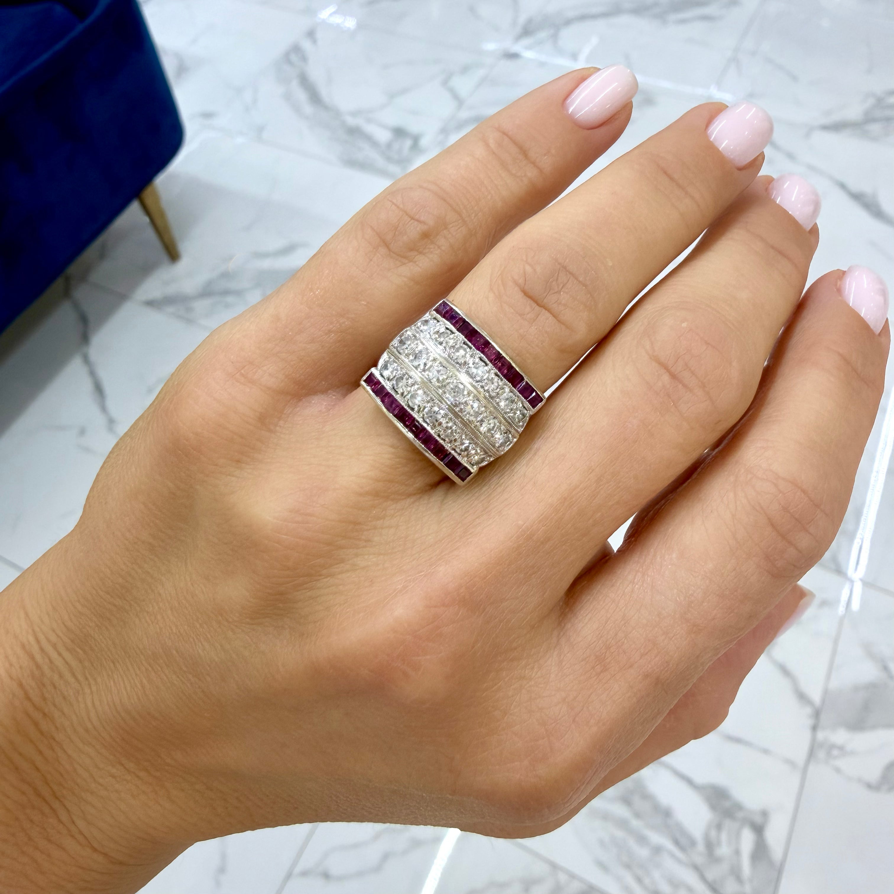 Antique Art Deco 14K White Gold 1.44ct Five Row Diamond Ruby Band Ring