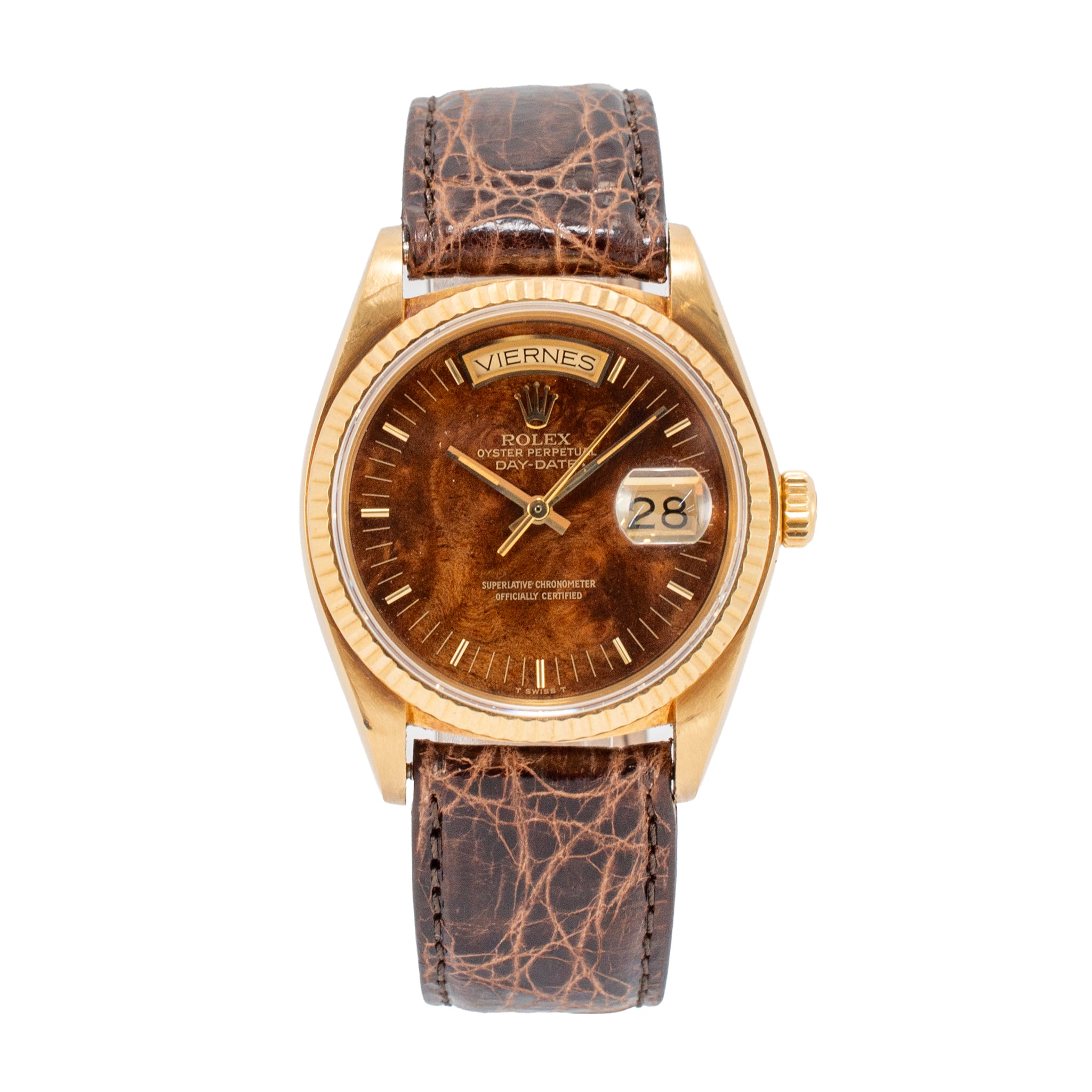 Vintage Rolex Day Date 36MM 18038 Spanish Wood Dial Brown Leather 18K Gold Watch