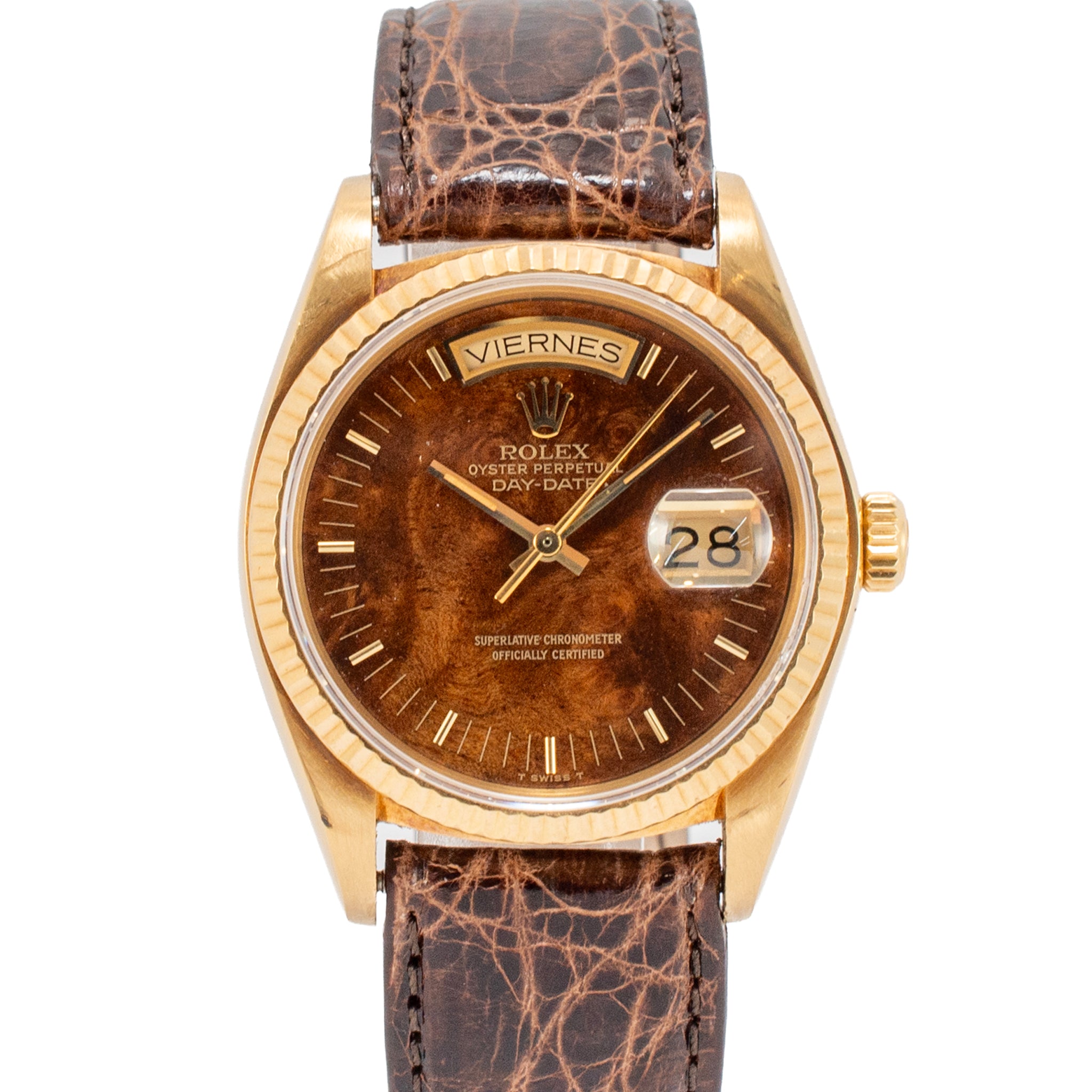 Vintage Rolex Day Date 36MM 18038 Spanish Wood Dial Brown Leather 18K Gold Watch